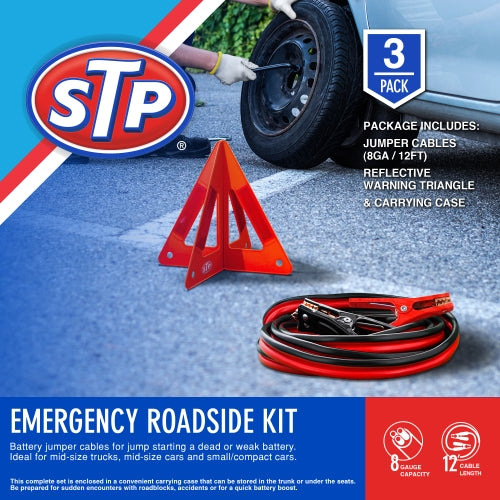 STP Emergency Roadside 3-Piece Kit with 12ft Jumper Cables, Warning Triangle, and Carrying Case