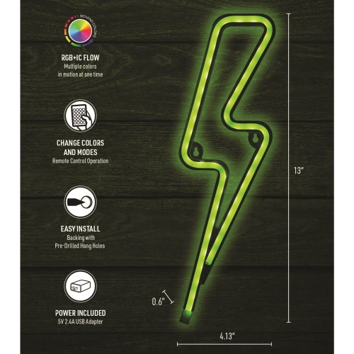 13" Lightning Bolt Multi-Color LED Neon Sign – RGB Color Flow Wall Art with Remote Control, USB Powered, and Shatterproof Design