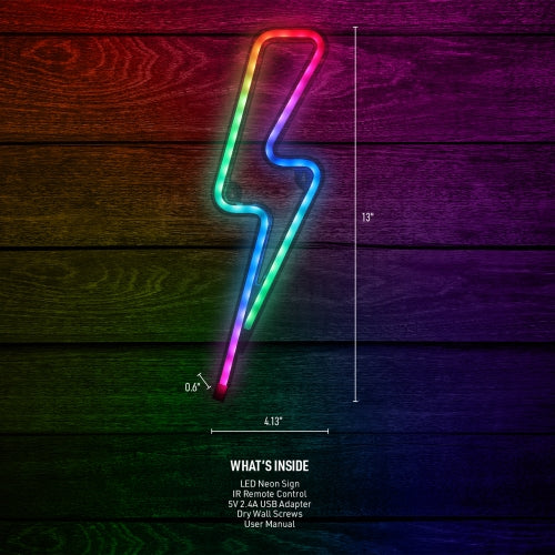 13" Lightning Bolt Multi-Color LED Neon Sign – RGB Color Flow Wall Art with Remote Control, USB Powered, and Shatterproof Design