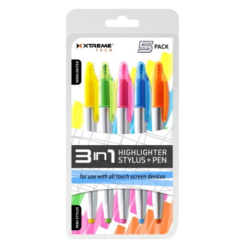 3-in-1 Highlighter Stylus Pens (5-Pack) – Multi-Color Ballpoint Pen, Neon Highlighter & Precision Touchscreen Stylus Set