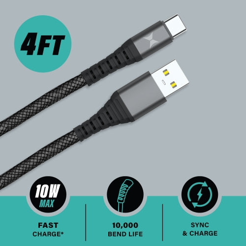 Ultra-Durable 4FT USB-C to USB-A Charging Cable with Kevlar Ballistic Fiber, 10W Fast Charge