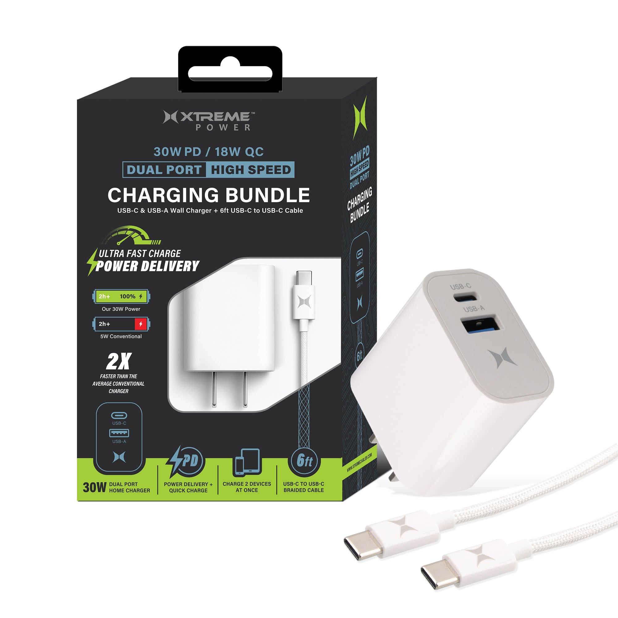 30W Dual Port Fast Charging Bundle, 30W Power Delivery USB-C & 18W Quick Charge USB-A Wall Charger Adapter Block with 6ft USB-C to USB-C Braided Cable