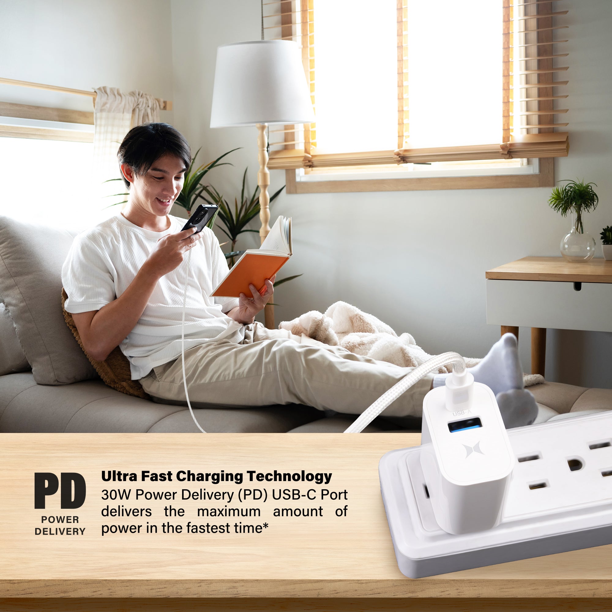 30W Dual Port Fast Charging Bundle, 30W Power Delivery USB-C & 18W Quick Charge USB-A Wall Charger Adapter Block with 6ft USB-C to USB-C Braided Cable