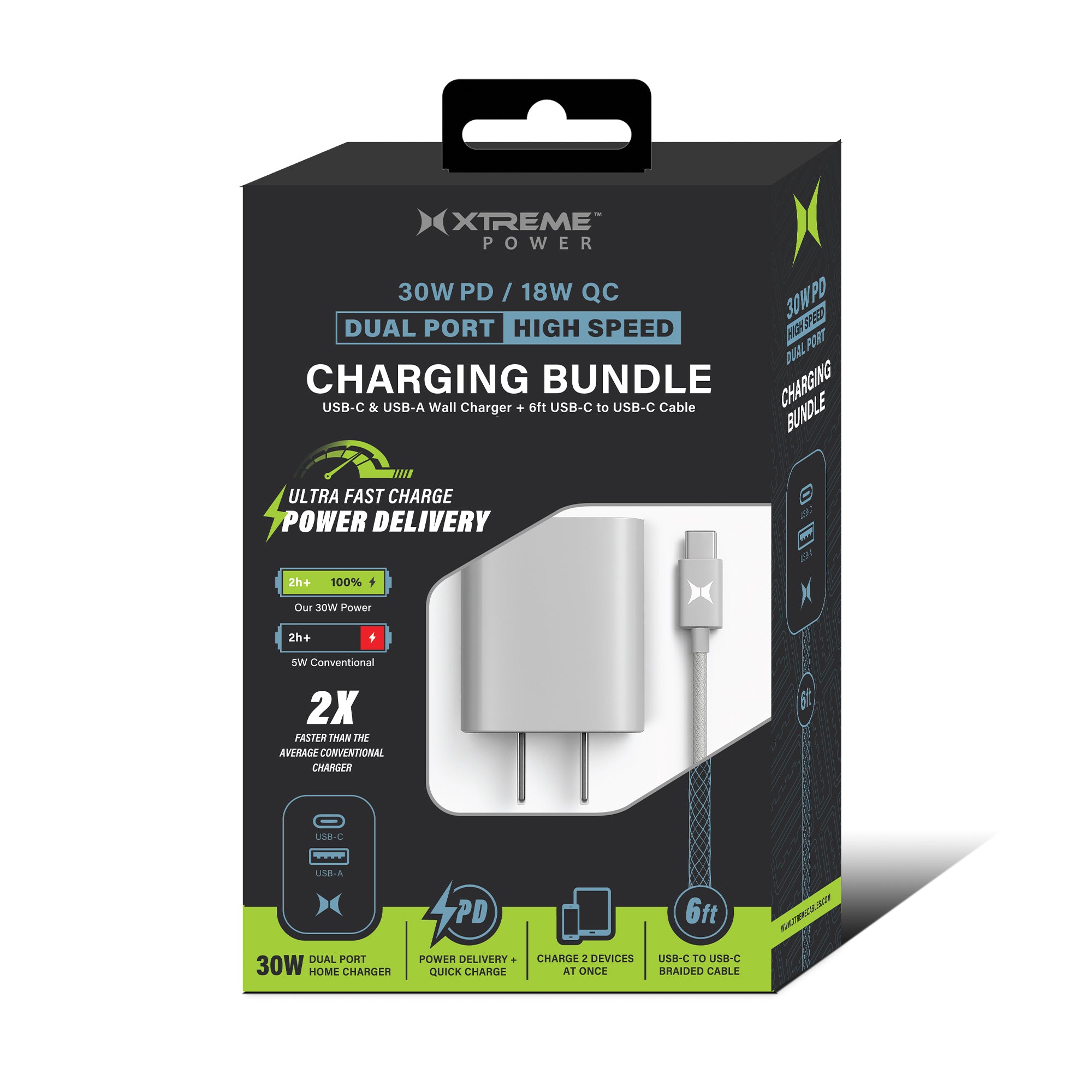 30W Dual Port Fast Charging Bundle, 30W Power Delivery USB-C & 18W Quick Charge USB-A Wall Charger Adapter Block with 6ft USB-C to USB-C Braided Cable