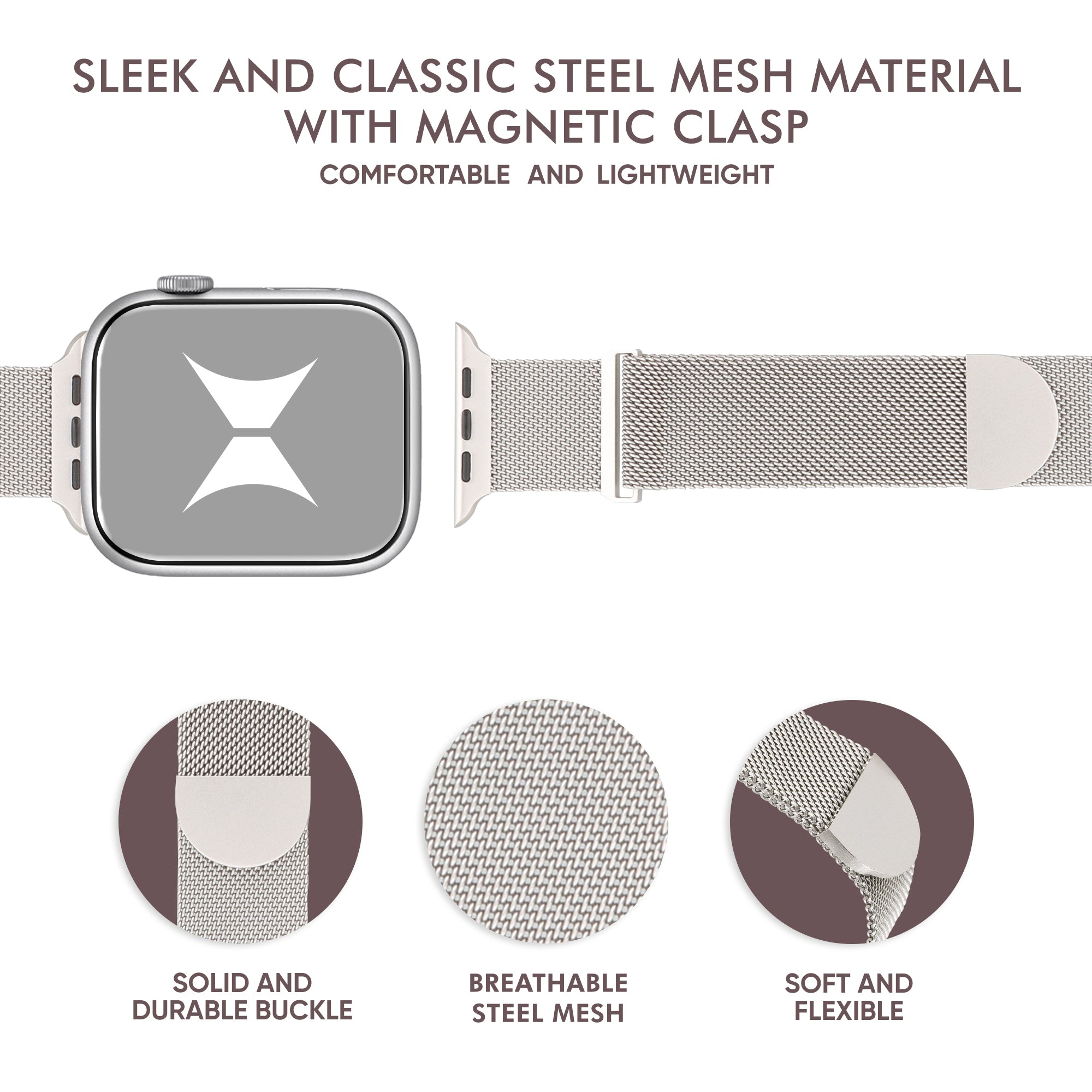 Premium Steel Mesh Apple Watch Band with Adjustable Magnetic Clasp, Starlight Finish, Universal Fit for all Small Series, Easy Installation