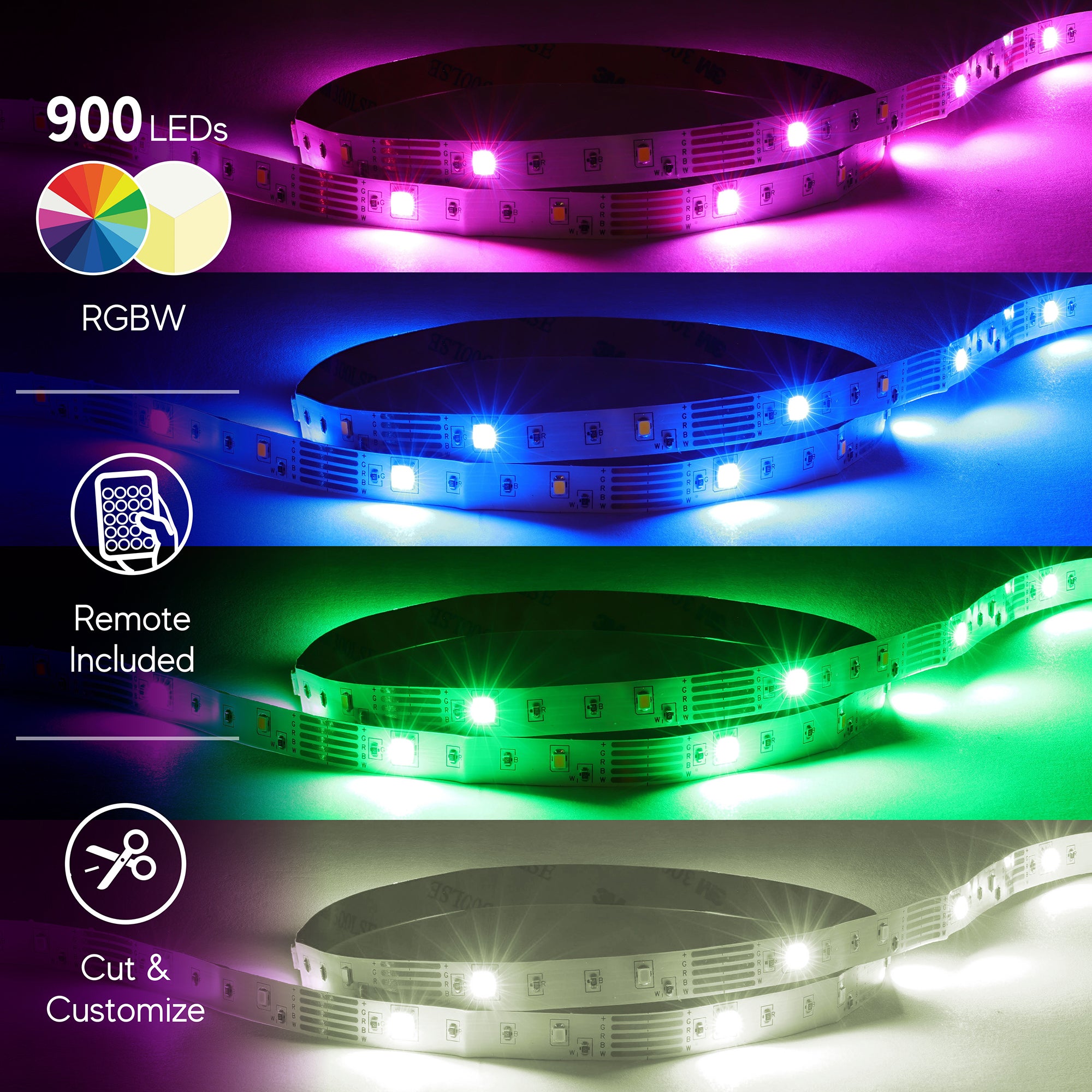 100ft Cut & Customize Indoor LED Light Strip Kit, Includes 3 Connectors, 900 LEDs, 4 Modes, Remote & 24V Adapter