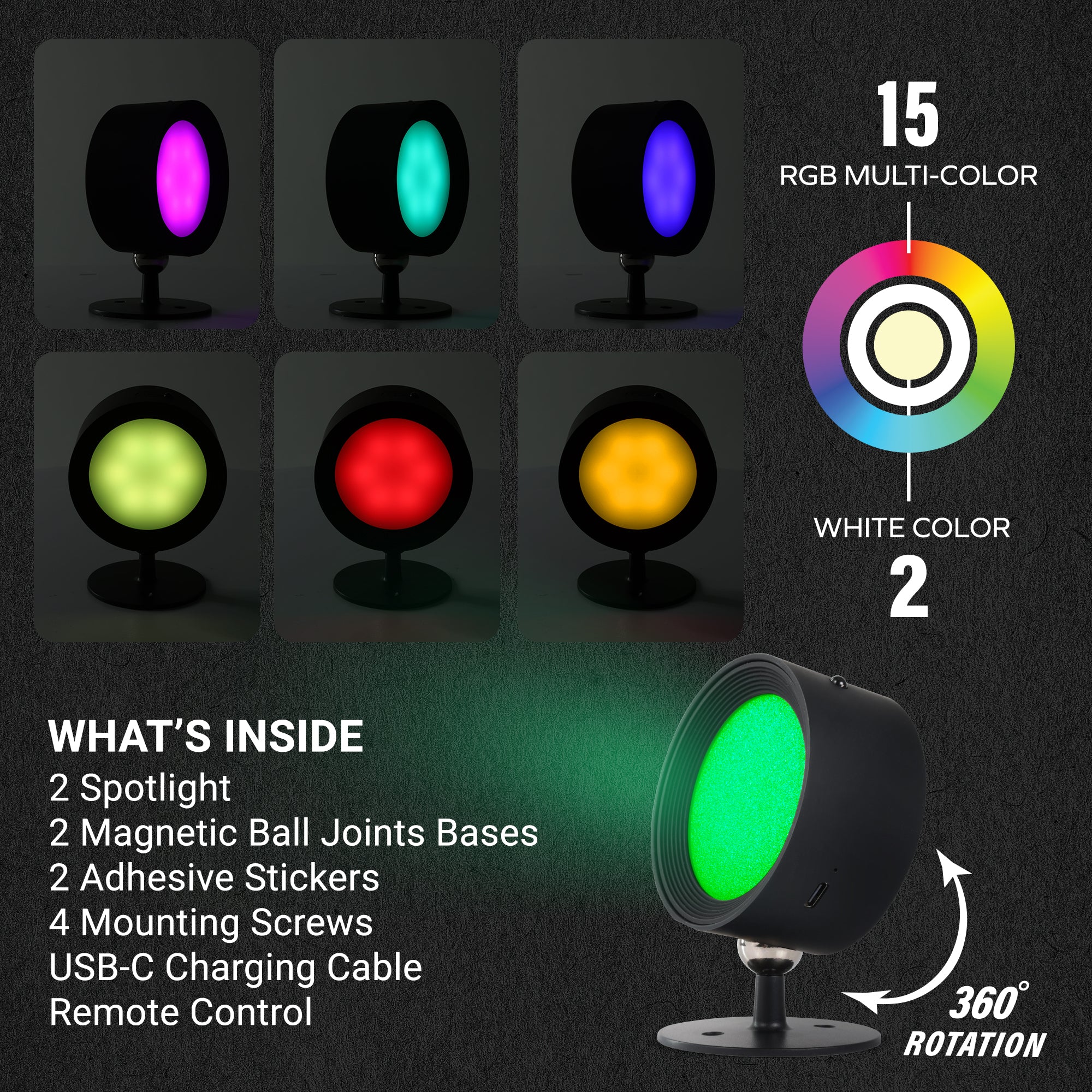 Multicolor LED Spotlights (2-Pack), Rechargeable Wireless Wall Sconces with Remote Control, 360° Magnetic Ball Joint Base, 15 RGB Colors & 2 White Modes, Dimmable Accent Lighting