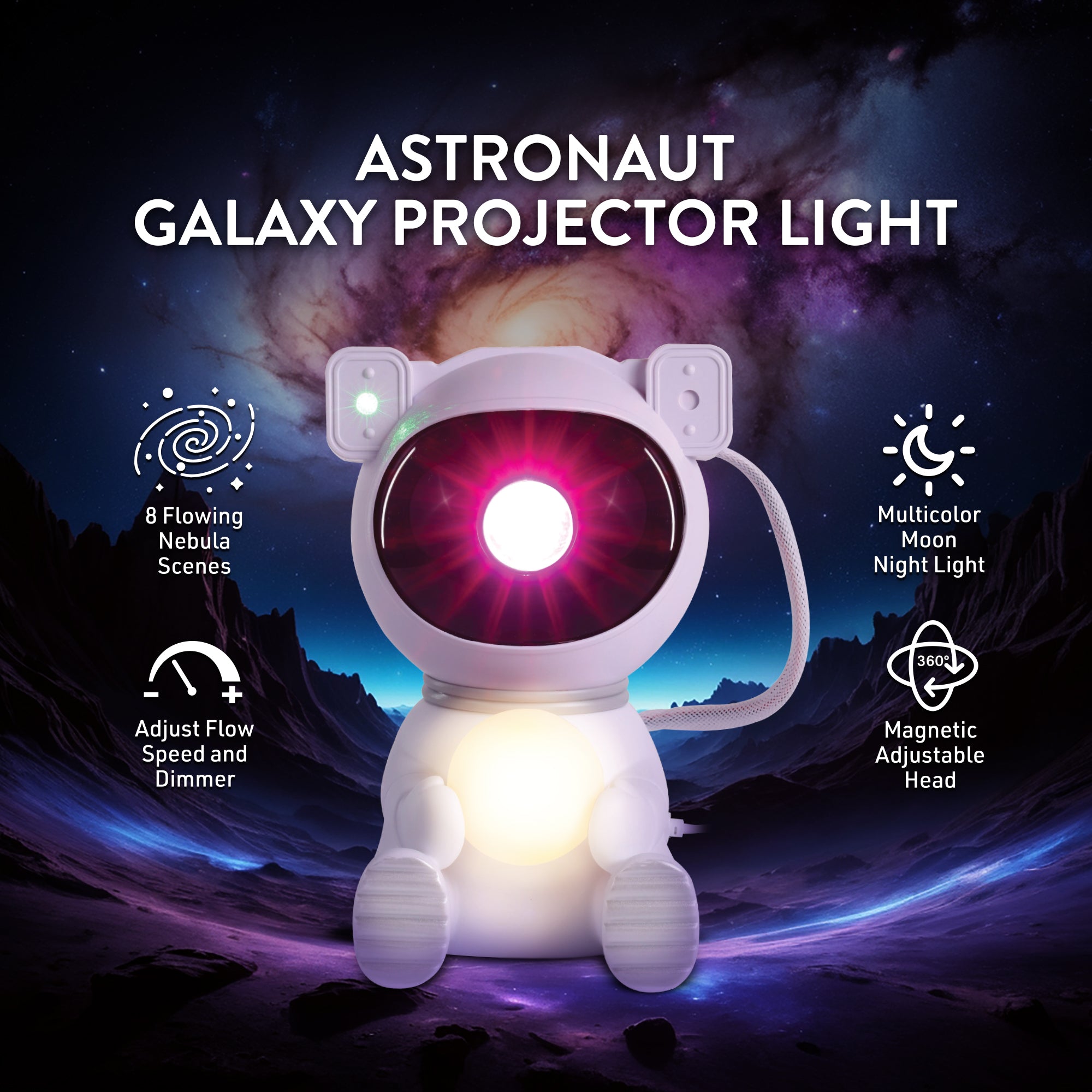 Astronaut Galaxy Projector Light with Remote Control – 8 Flowing Nebula Scenes, Adjustable Brightness & 360° Rotating Head