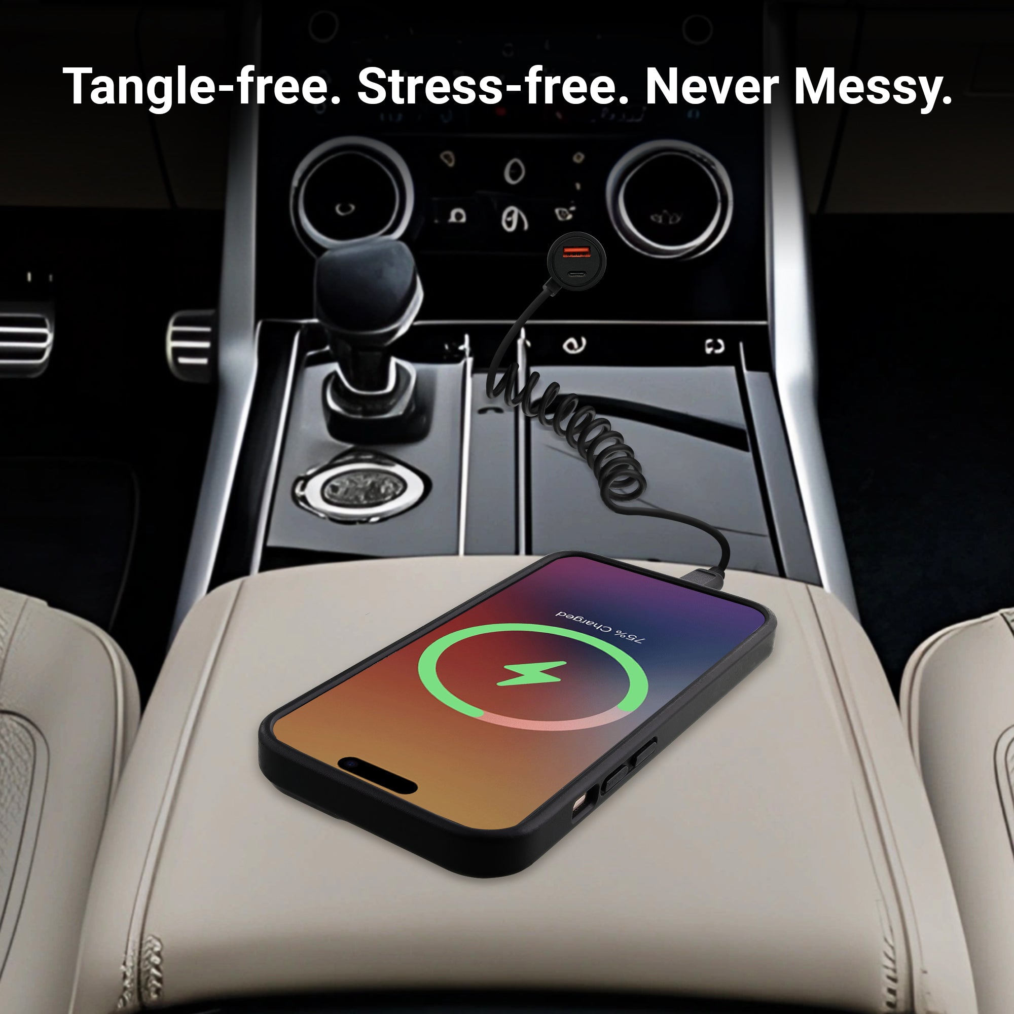 Xtreme Power Pro Series 60W Car Charger with Built-In 4ft Coiled USB-C Cable, 30W Power Delivery USB-C Port, and 18W Quick Charge USB-A Port