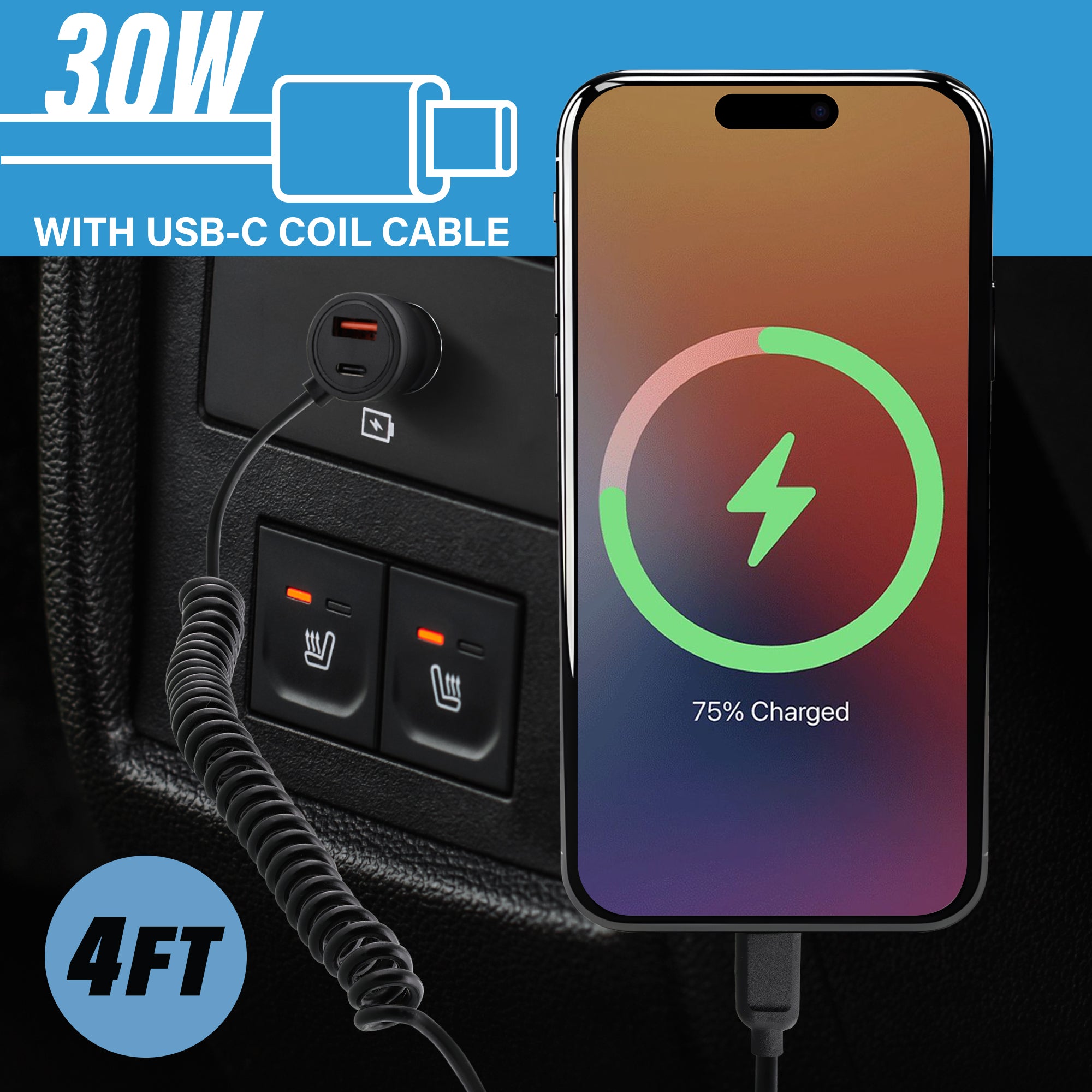 Xtreme Power Pro Series 60W Car Charger with Built-In 4ft Coiled USB-C Cable, 30W Power Delivery USB-C Port, and 18W Quick Charge USB-A Port