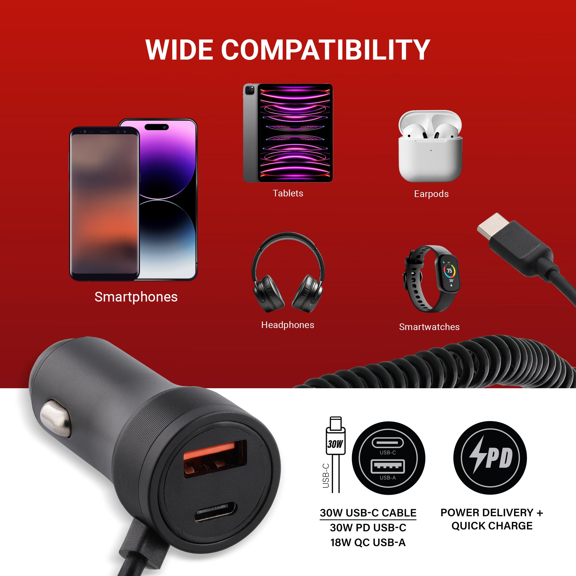 Xtreme Power Pro Series 60W Car Charger with Built-In 4ft Coiled USB-C Cable, 30W Power Delivery USB-C Port, and 18W Quick Charge USB-A Port