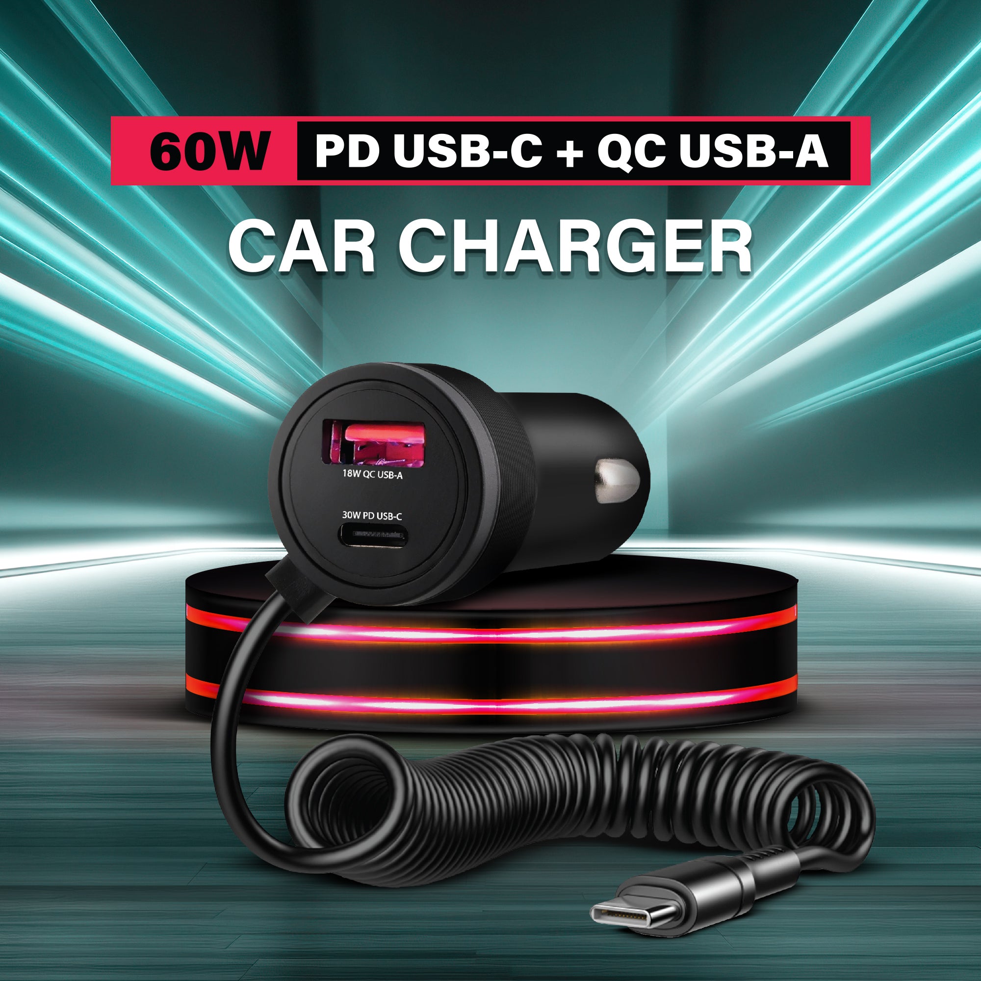 Xtreme Power Pro Series 60W Car Charger with Built-In 4ft Coiled USB-C Cable, 30W Power Delivery USB-C Port, and 18W Quick Charge USB-A Port