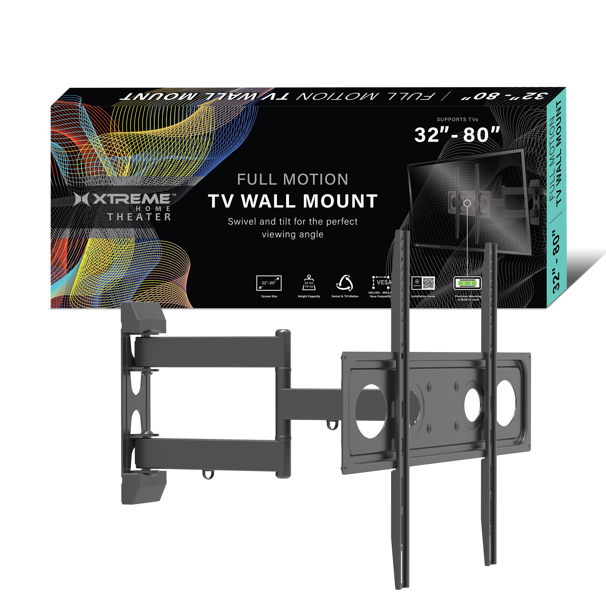 Full Motion TV Wall Mount, Full Motion TV Mount for 32-80 Inch Flat-Panel TVs, Holds 88 lbs