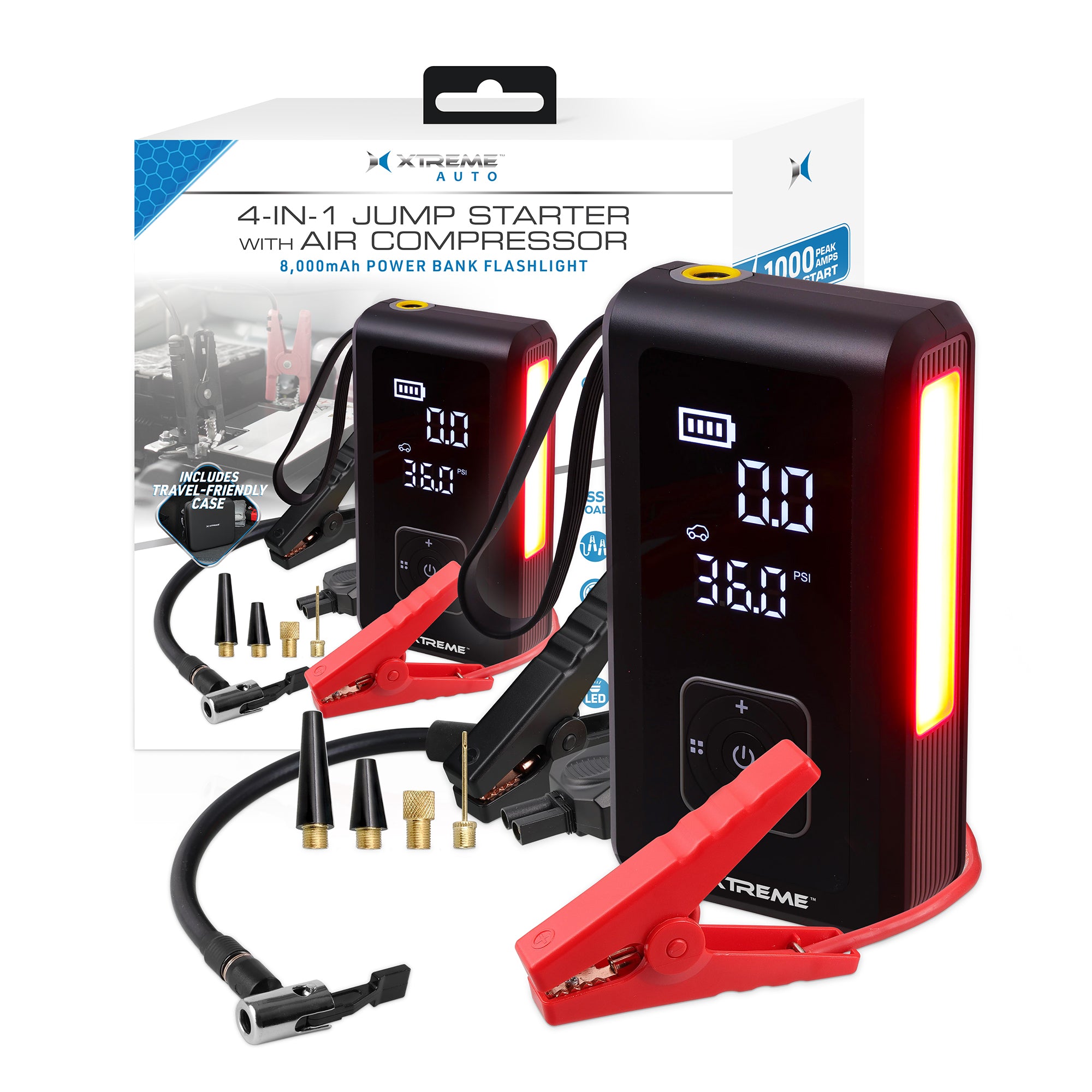 4-in-1 Jump Starter with Air Compressor, 1000 Peak Amps Car Battery Booster, 150 PSI Tire Inflator, 8000mAh Portable Power Bank, LED Flashlight