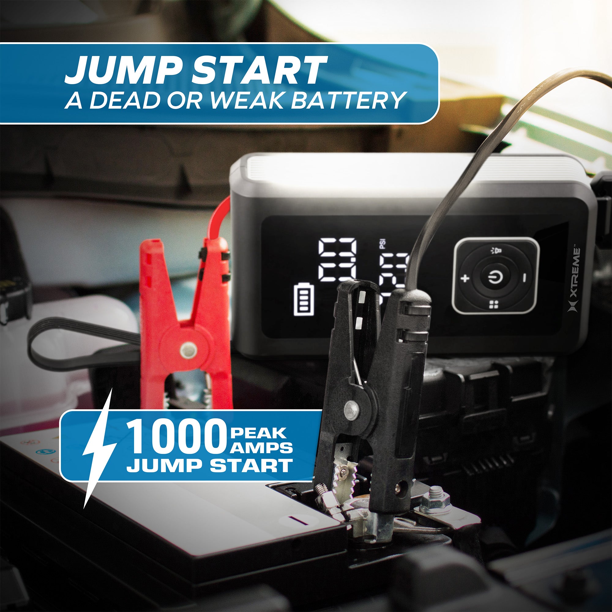 4-in-1 Jump Starter with Air Compressor, 1000 Peak Amps Car Battery Booster, 150 PSI Tire Inflator, 8000mAh Portable Power Bank, LED Flashlight