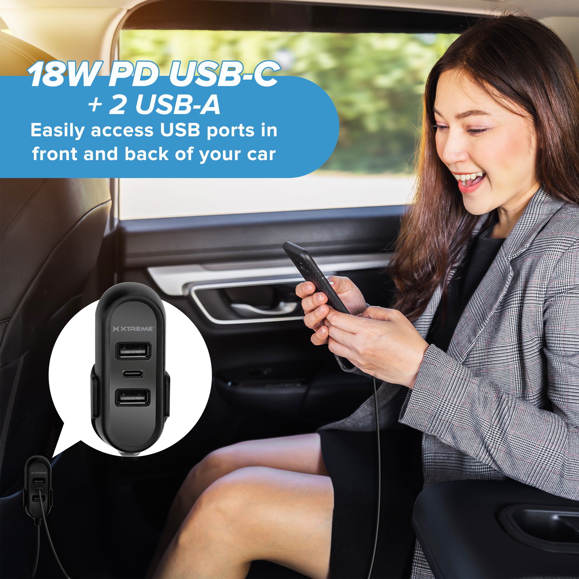 8.8A Multi-Port Car Charger with 18W PD Fast Charging, 5-Foot Cable, 3 USB-A & 1 Type-C Port for Rideshare & Road Trips