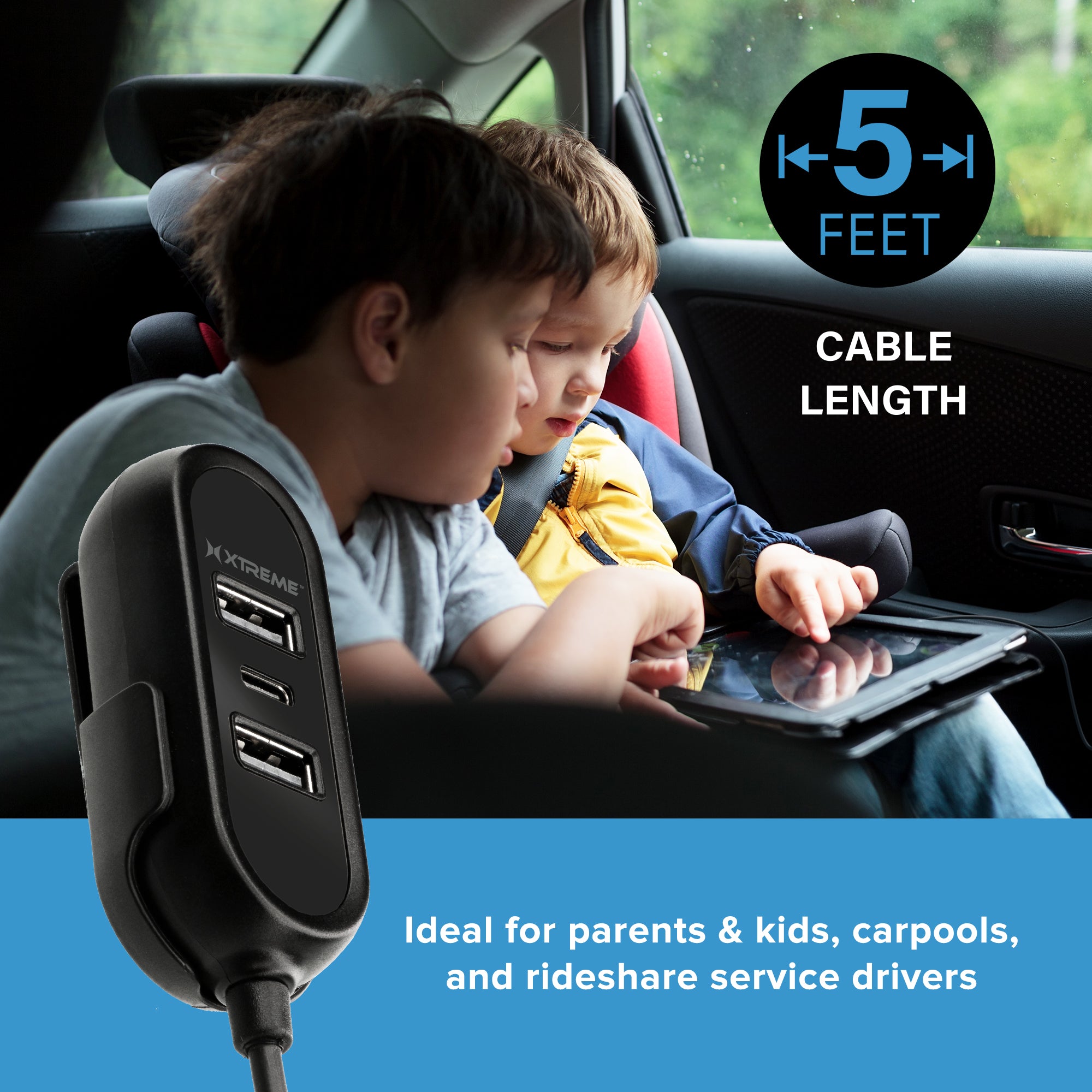 8.8A Multi-Port Car Charger with 18W PD Fast Charging, 5-Foot Cable, 3 USB-A & 1 Type-C Port for Rideshare & Road Trips