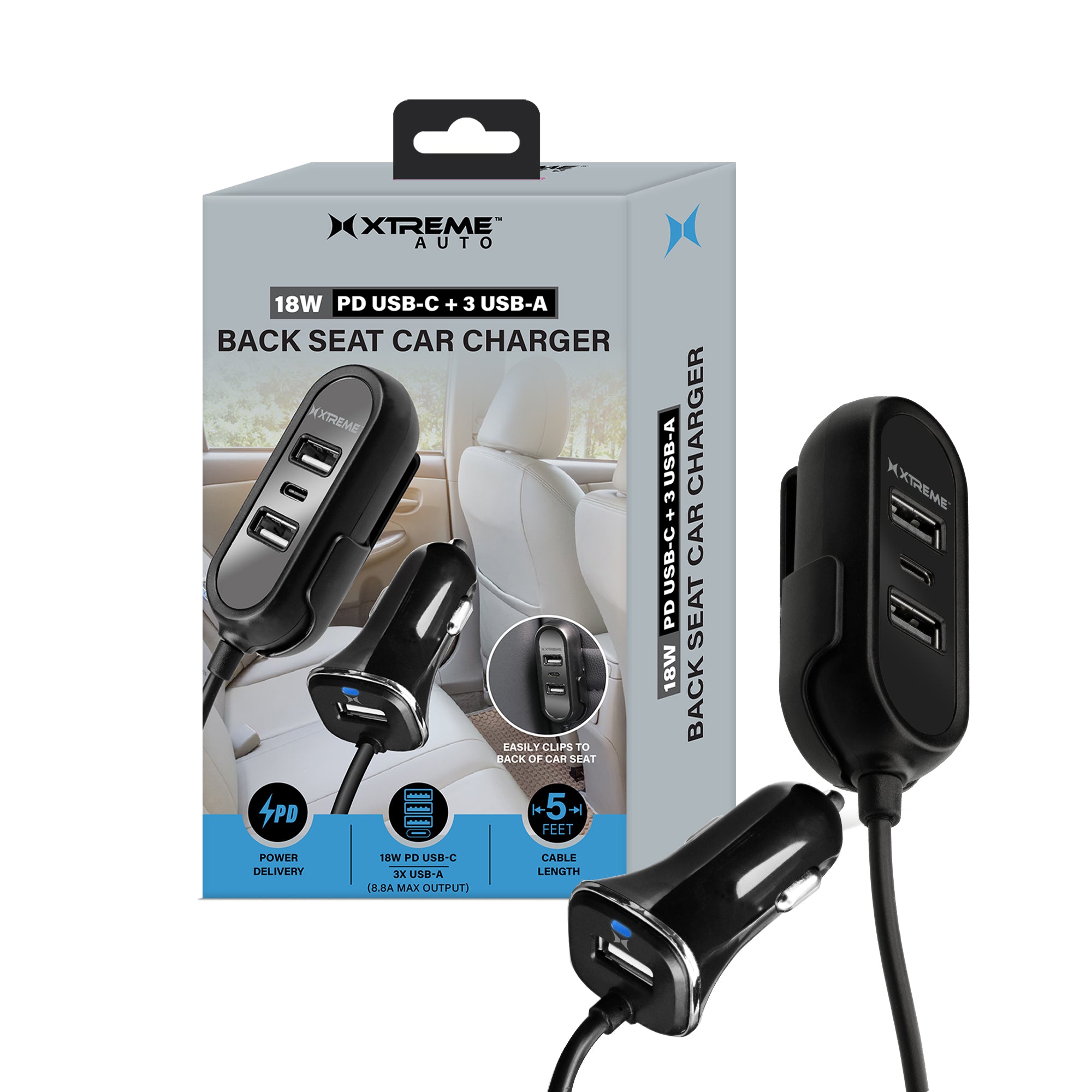 8.8A Multi-Port Car Charger with 18W PD Fast Charging, 5-Foot Cable, 3 USB-A & 1 Type-C Port for Rideshare & Road Trips