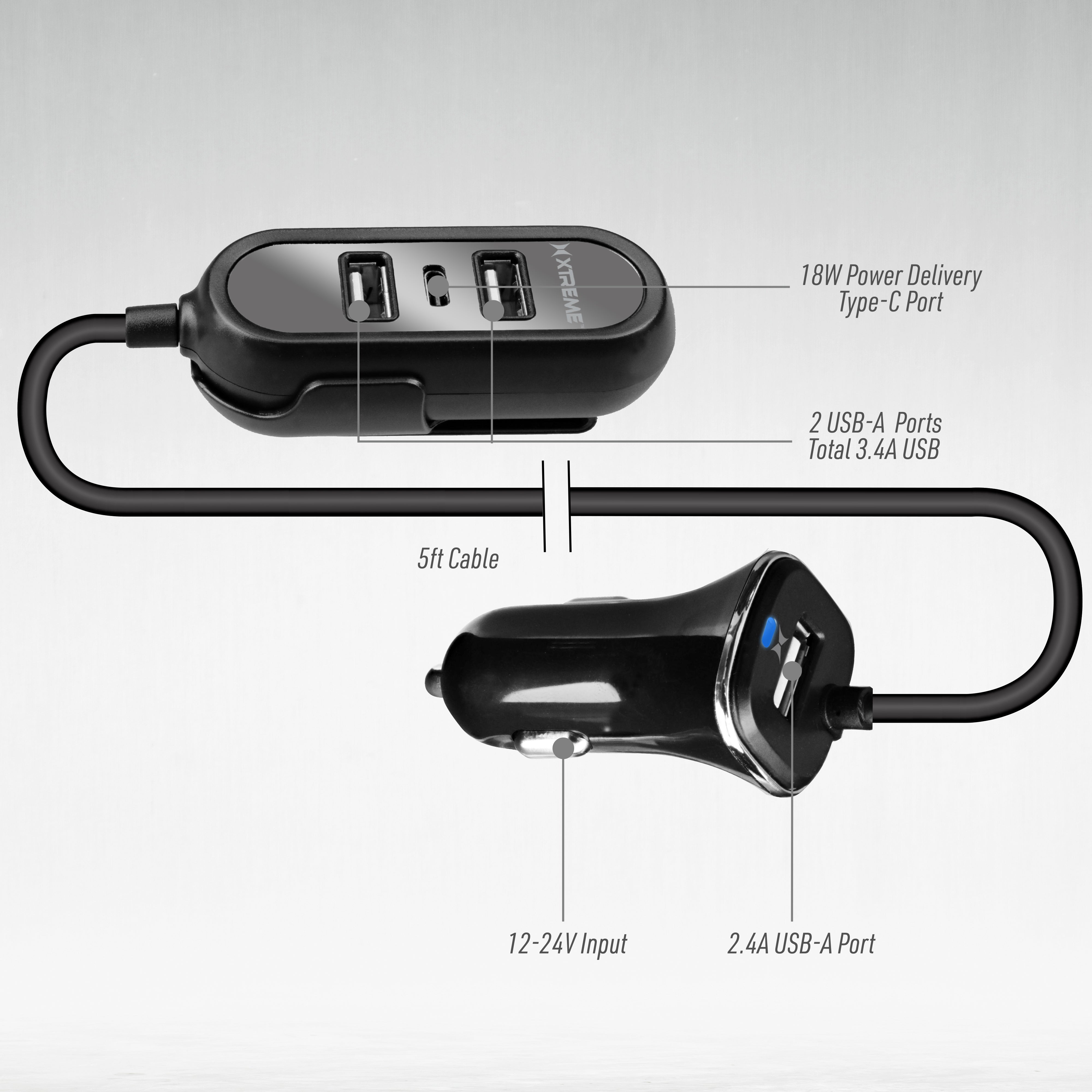 8.8A Multi-Port Car Charger with 18W PD Fast Charging, 5-Foot Cable, 3 USB-A & 1 Type-C Port for Rideshare & Road Trips