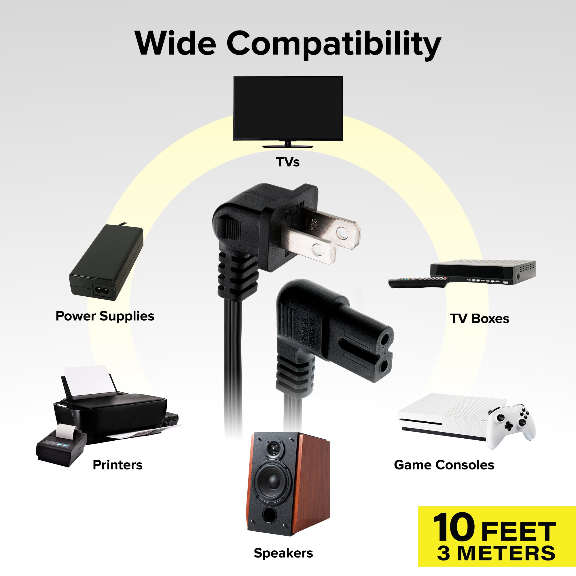 Polarized AC Power Cord (10 Feet), 90-Degree Right Angled 2-Slot Figure-8 Replacement Cable for TVs, Comcast Xfinity, Verizon Fios, PlayStation PS1/PS2, Soundbars
