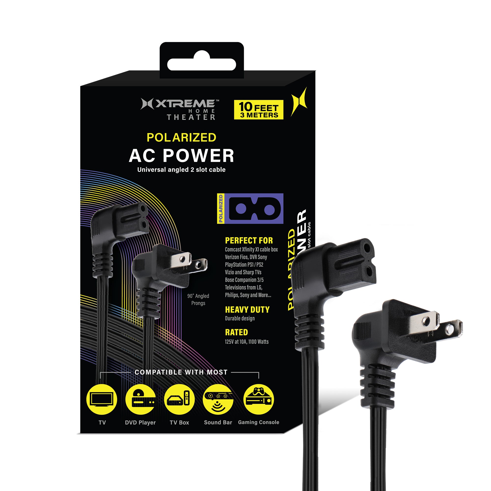 Polarized AC Power Cord (10 Feet), 90-Degree Right Angled 2-Slot Figure-8 Replacement Cable for TVs, Comcast Xfinity, Verizon Fios, PlayStation PS1/PS2, Soundbars
