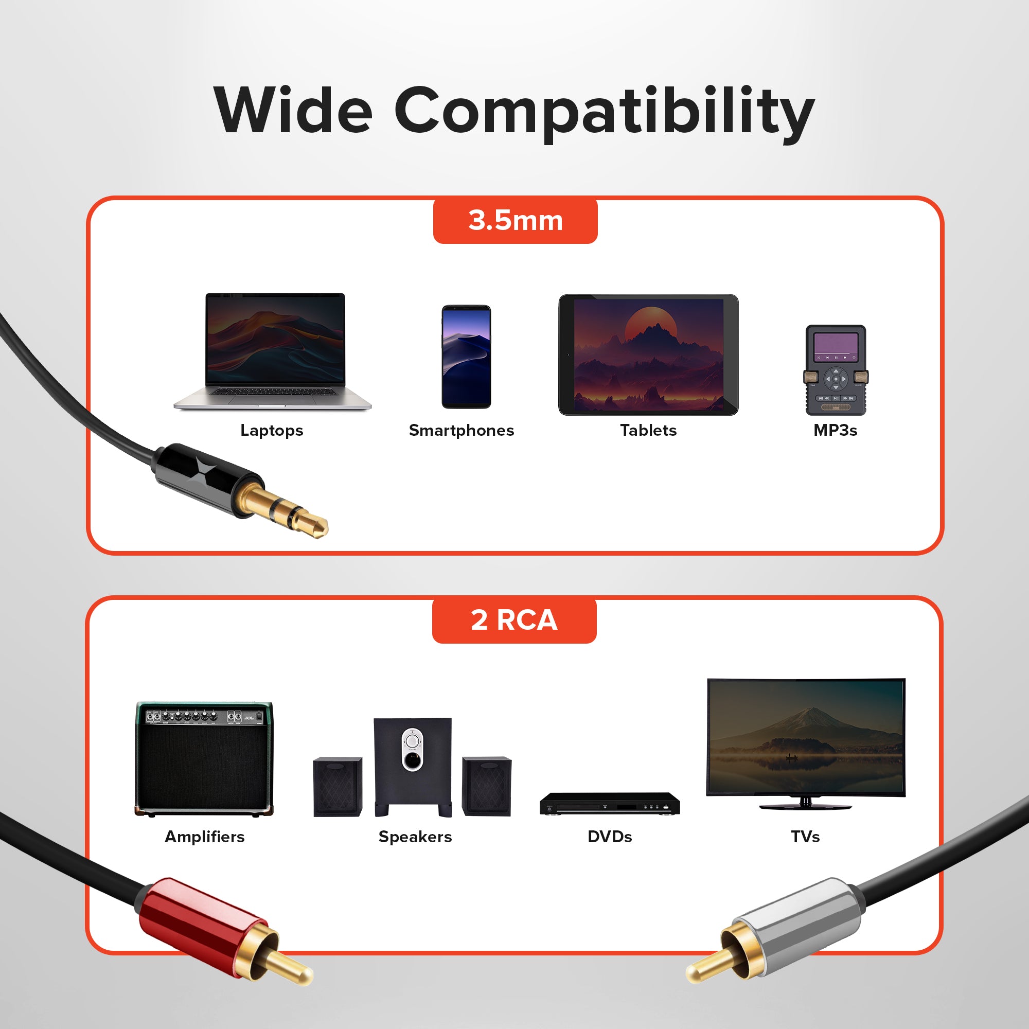 15ft 3.5mm to 2-Male RCA Audio Stereo Adapter Cable - Gold-Plated, Extra Long Auxiliary Cord for Speakers, TV, Home Theater Systems, Smartphones, Laptops