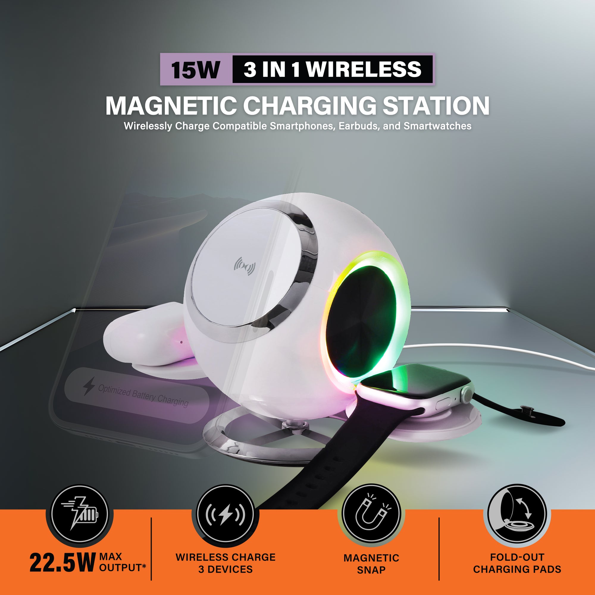 3 in 1 Magnetic Wireless Charging Station for iPhone 17 Series, 15W MagSafe Compatible Charger Stand, Wireless Charging Dock for Apple Watch and AirPods