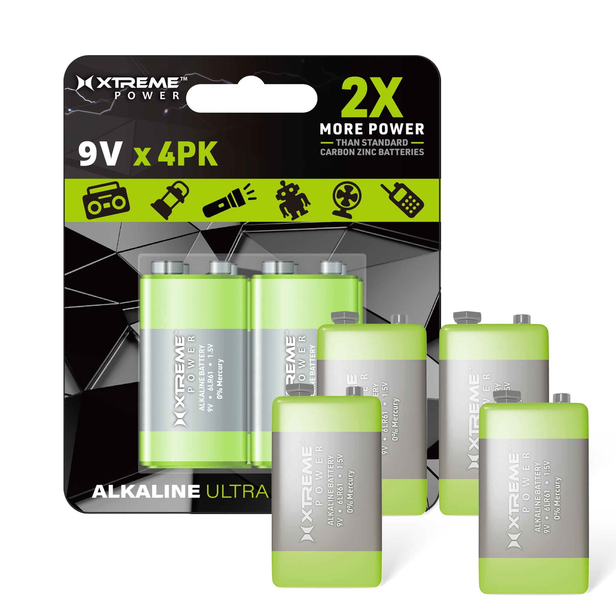 9V Alkaline Batteries (4-Pack), 6LR61 1.5V Ultra Long Power Batteries for Smoke Detectors, Multimeters, and Alarms (0% Mercury)