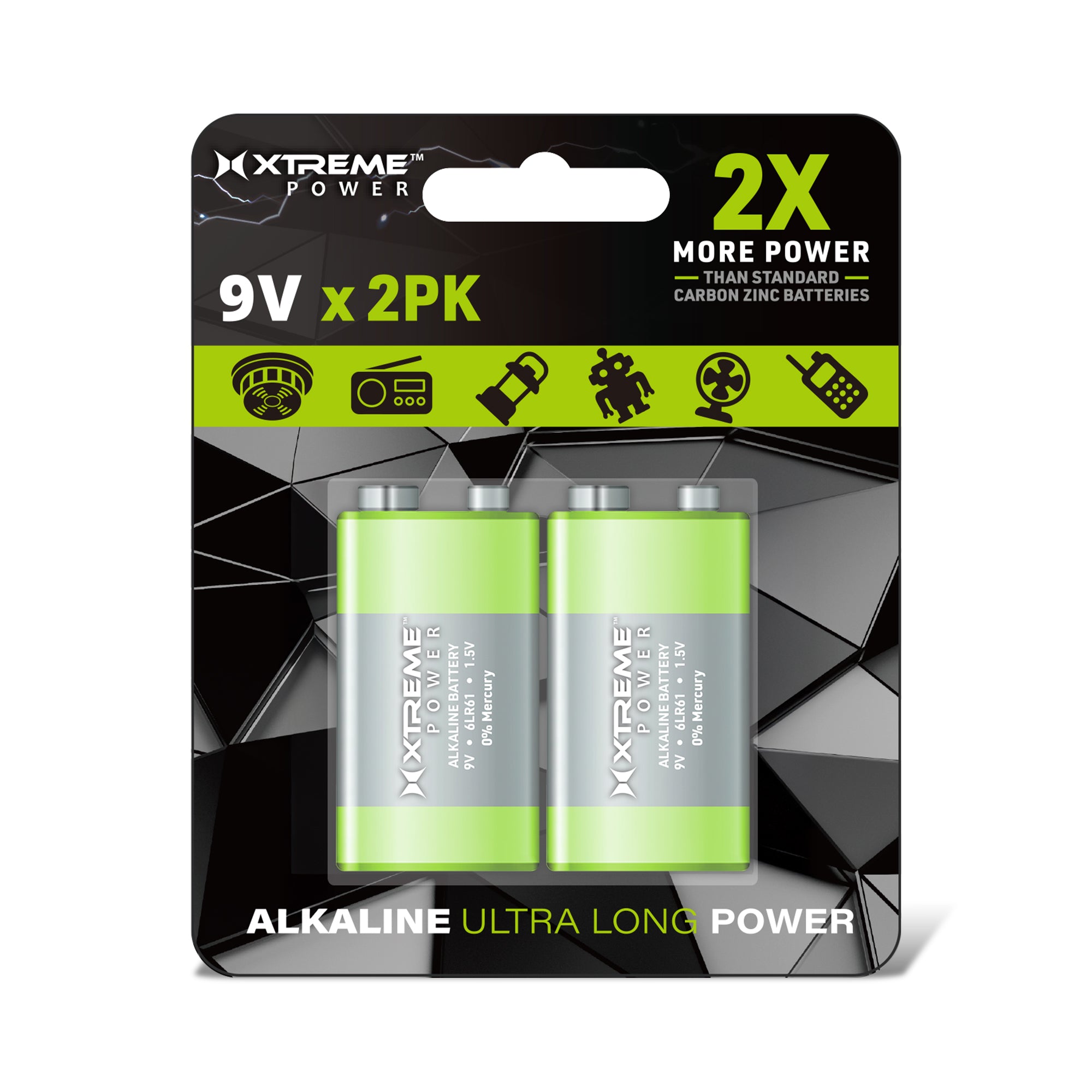 9V Alkaline Batteries (2-Pack), 6LR61 1.5V Ultra Long Power Batteries for Smoke Detectors, Multimeters, and Alarms (0% Mercury)