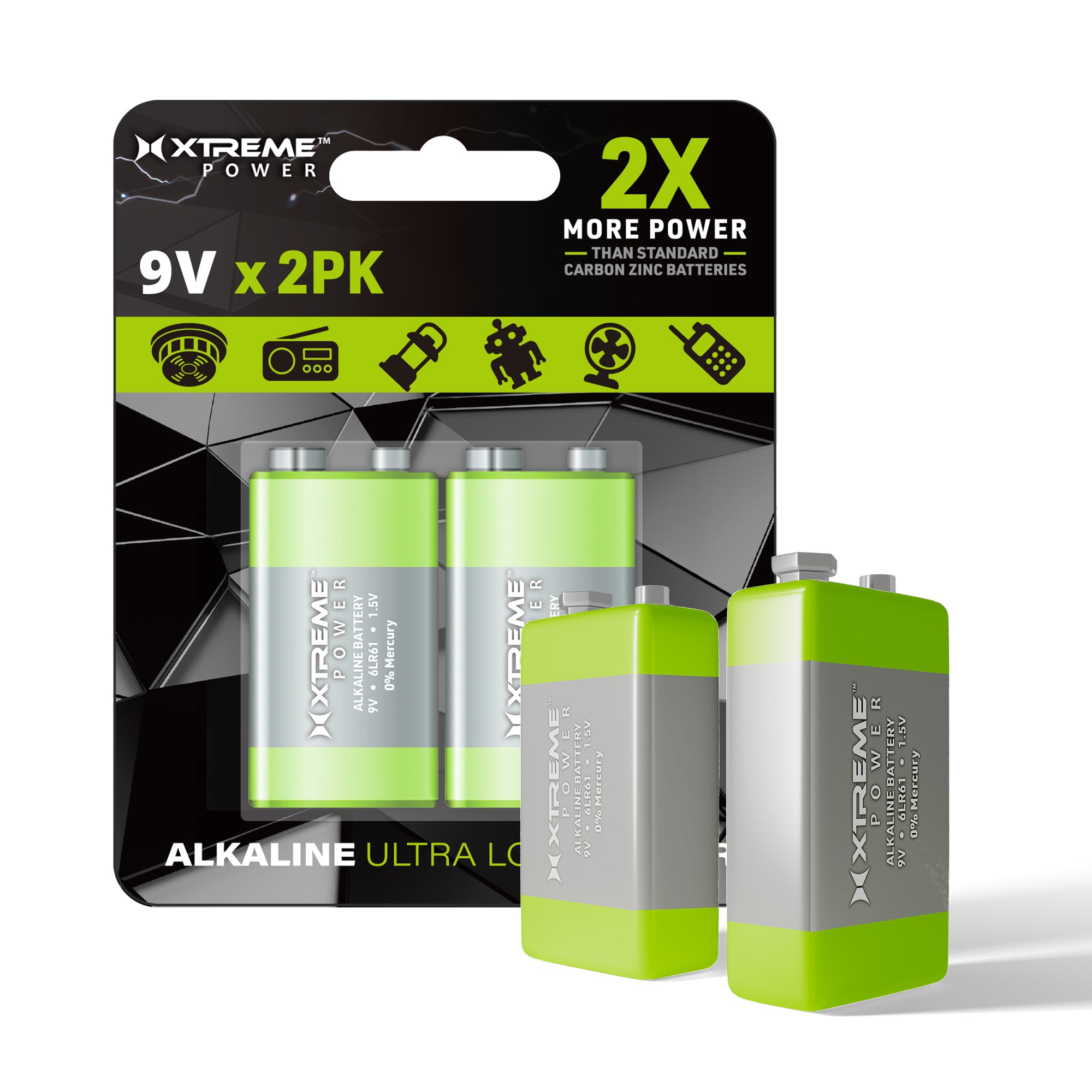 9V Alkaline Batteries (2-Pack), 6LR61 1.5V Ultra Long Power Batteries for Smoke Detectors, Multimeters, and Alarms (0% Mercury)