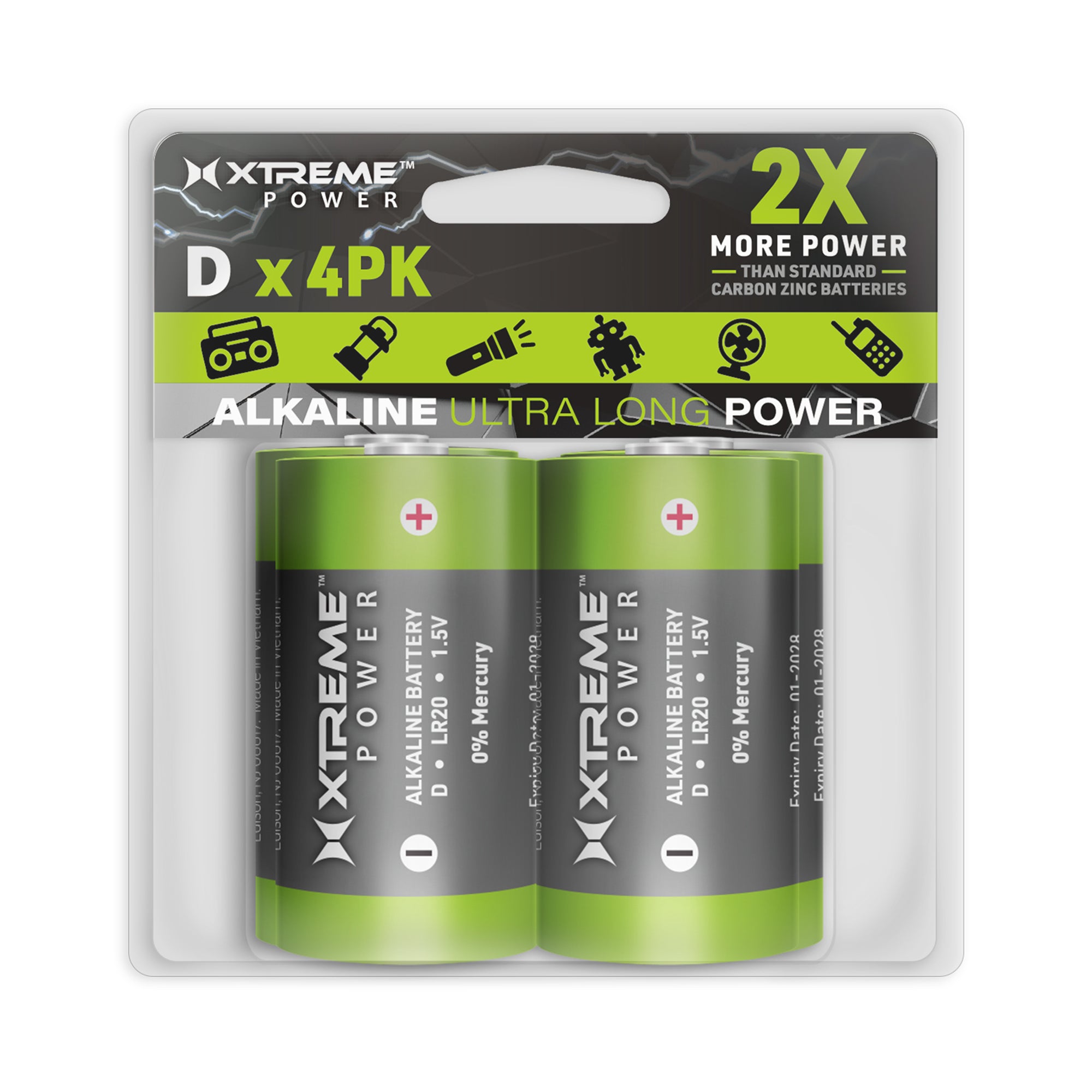 D Alkaline Batteries (4-Pack), 1.5V LR20 Ultra Long Power Double D Batteries for Heavy-Duty Lanterns, Flashlights, and Air Pumps (0% Mercury)