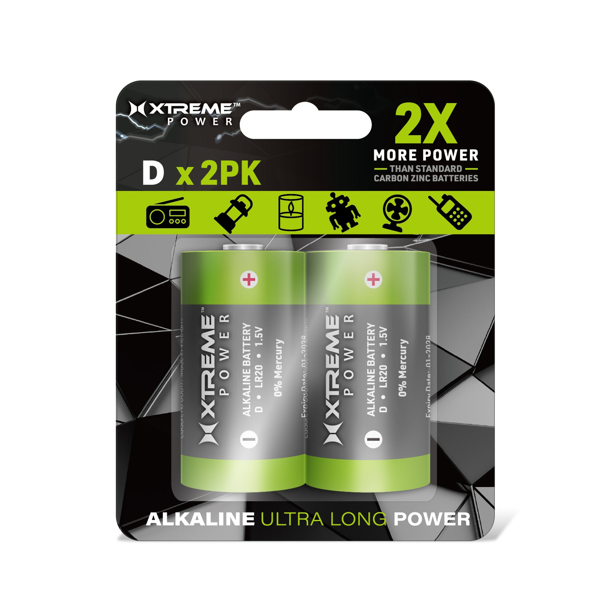 D Alkaline Batteries (2-Pack), 1.5V LR20 Ultra Long Power Double D Batteries for Heavy-Duty Lanterns, Flashlights, and Air Pumps (0% Mercury)