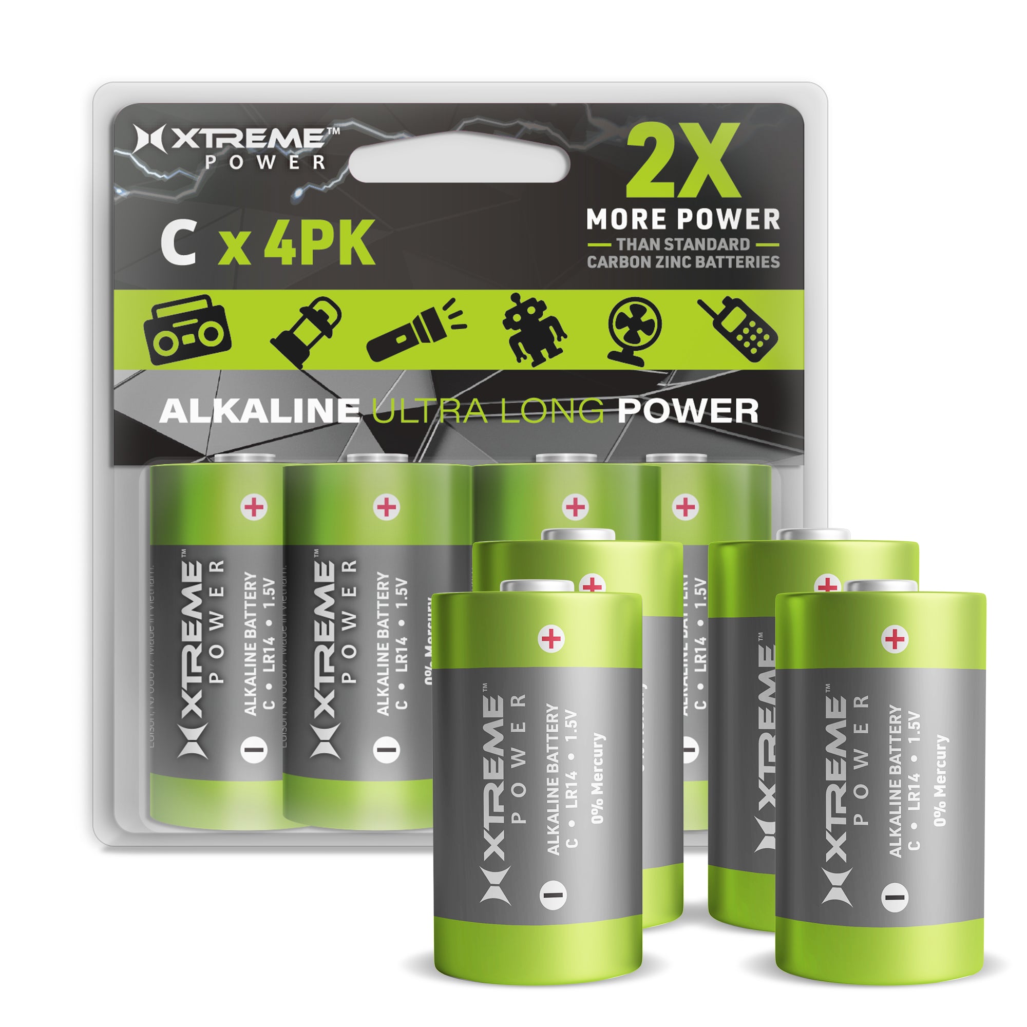 C Alkaline Batteries (4-Pack), 1.5V LR14 Ultra Long Power Batteries for Flashlights, Toys, and Handheld Massagers (0% Mercury)