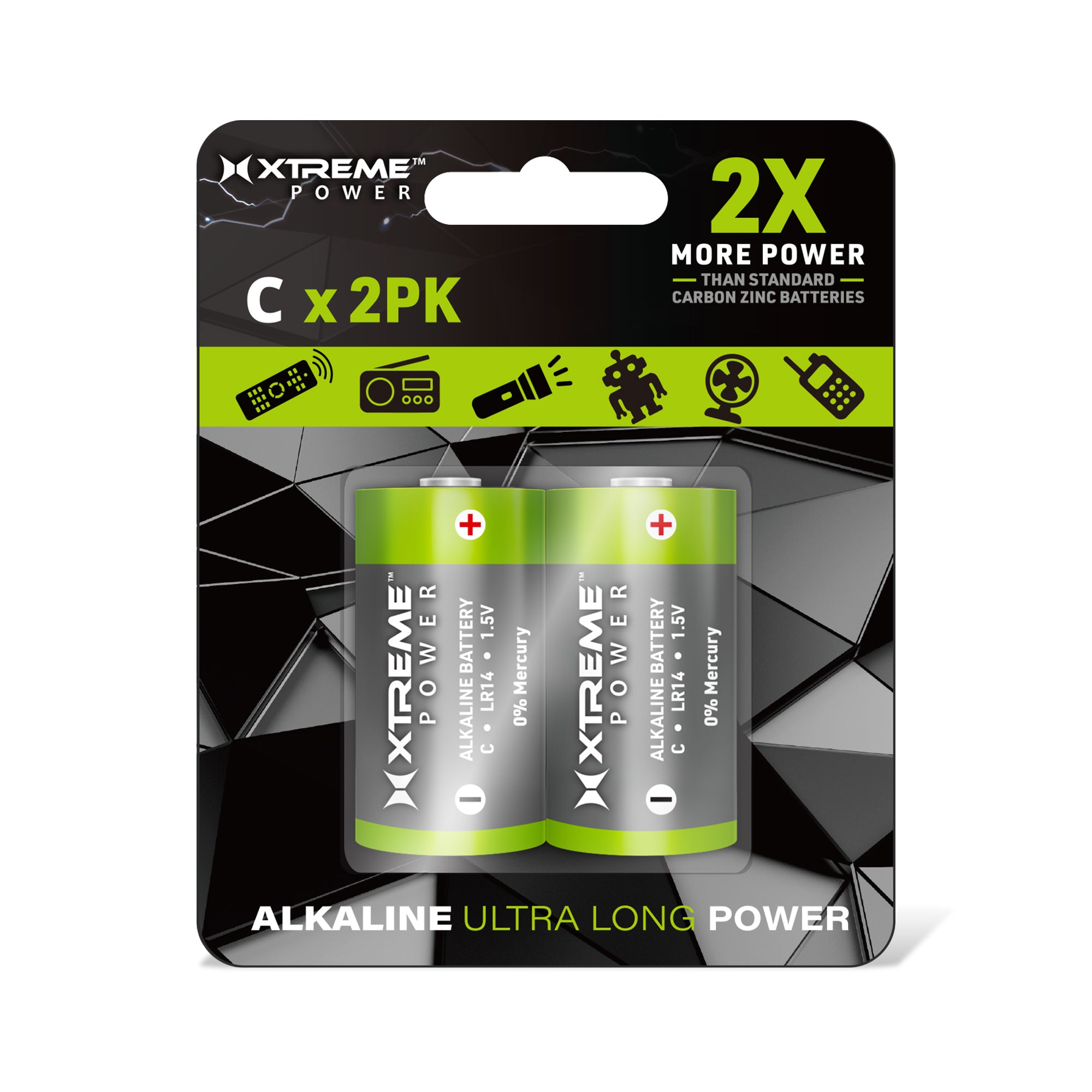 C Alkaline Batteries (2-Pack), 1.5V LR14 Ultra Long Power Batteries for Flashlights, Toys, and Handheld Massagers (0% Mercury)