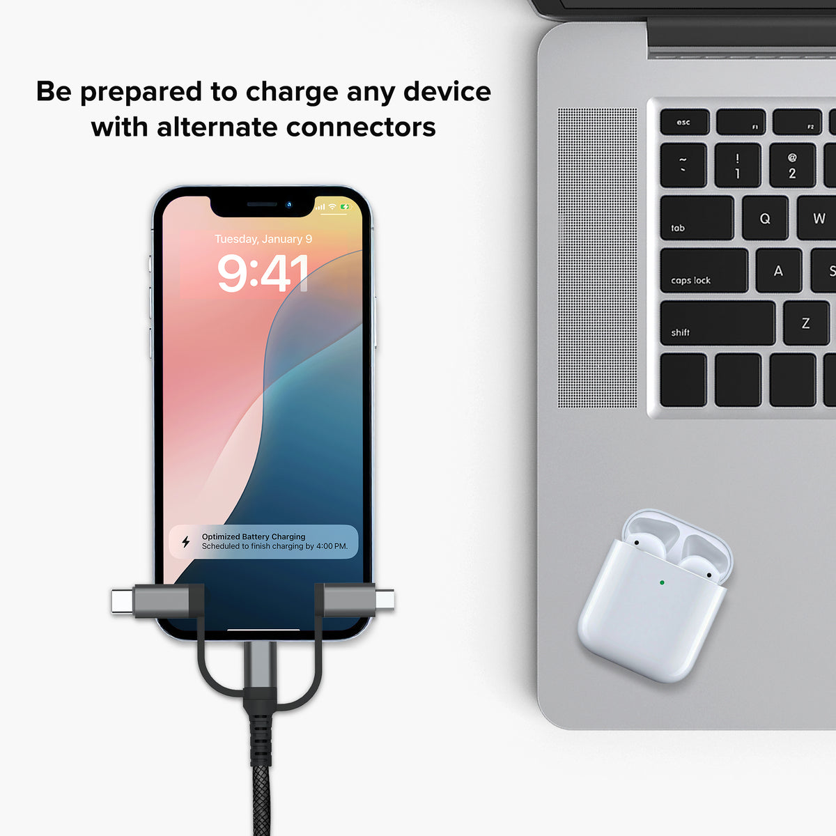 Tough 6 ft. 3-in-1 Ballistic Fiber Charging Cable, Lightning, USB-C & Micro USB Connectors, Gray