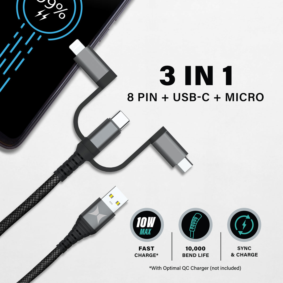 Tough 6 ft. 3-in-1 Ballistic Fiber Charging Cable, Lightning, USB-C & Micro USB Connectors, Gray