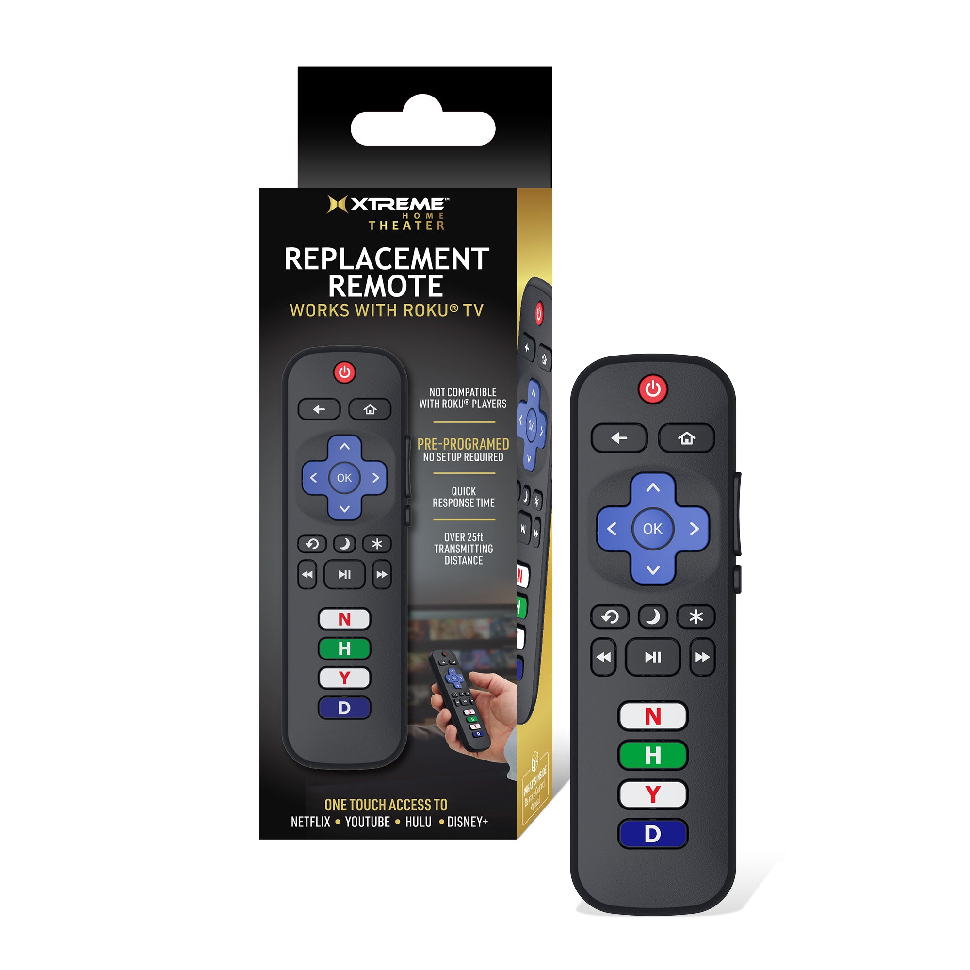 Xtreme Universal Replacement Remote for Roku Smart TVs – Pre-Programed with Netflix, Hulu, Disney+, and YouTube Hotkeys