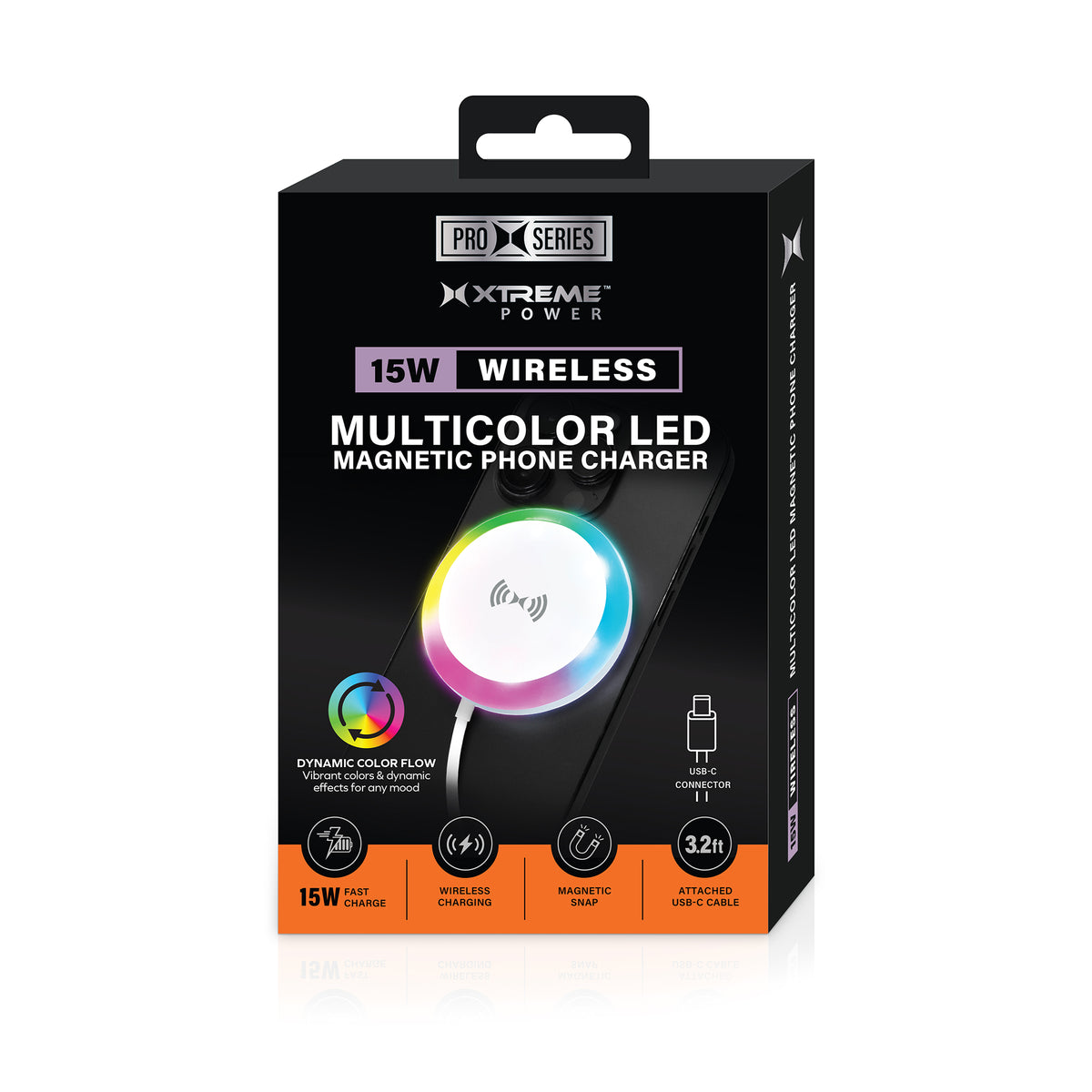 Magnetic Wireless Charging Pad, 15W Fast-Charge White USB-C Cable with Multicolor Flowing LED Light, 3.2 ft.