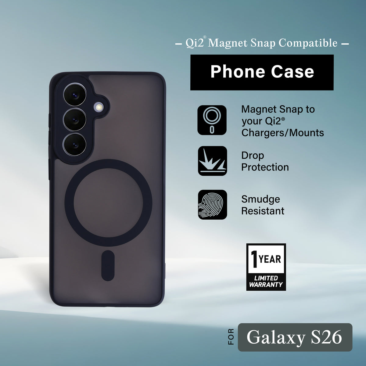 Samsung Galaxy S26 Protective Phone Case, Shock-Absorbing Slim Cover with Raised Screen & Camera Edges, Black