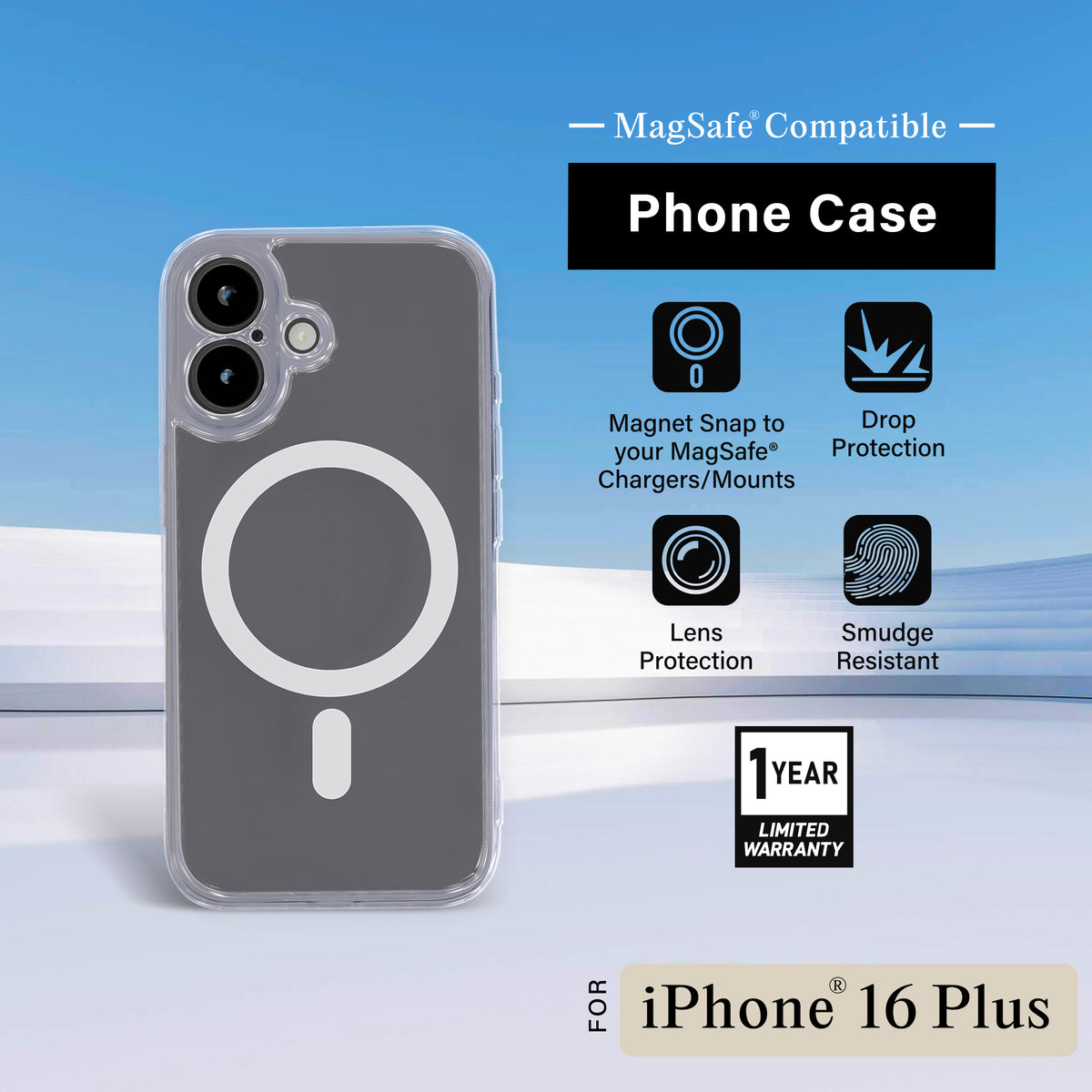 iPhone 16 Plus Protective Phone Case, Shock-Absorbing Slim Cover with Raised Screen & Camera Edges, Clear