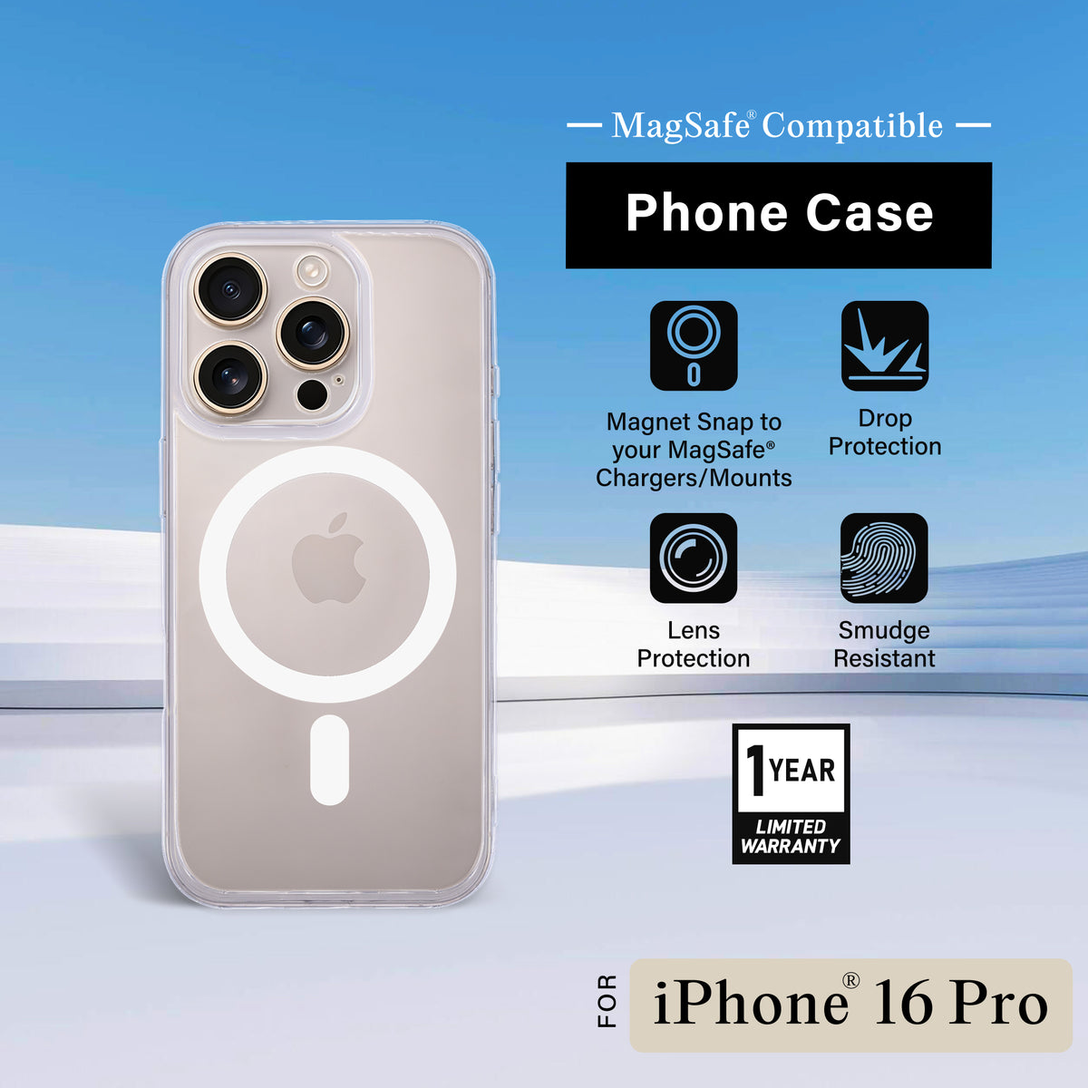 iPhone 16 Pro Protective Phone Case, Shock-Absorbing Slim Cover with Raised Screen & Camera Edges, Clear
