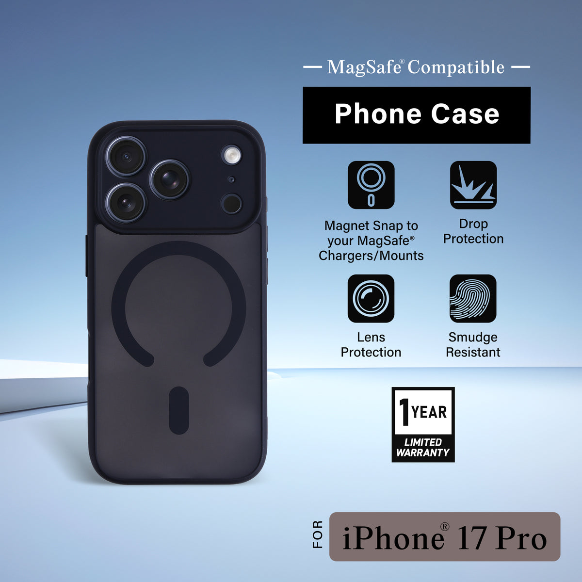 iPhone 17 Pro Protective Phone Case, Shock-Absorbing Slim Cover with Raised Screen & Camera Edges, Black