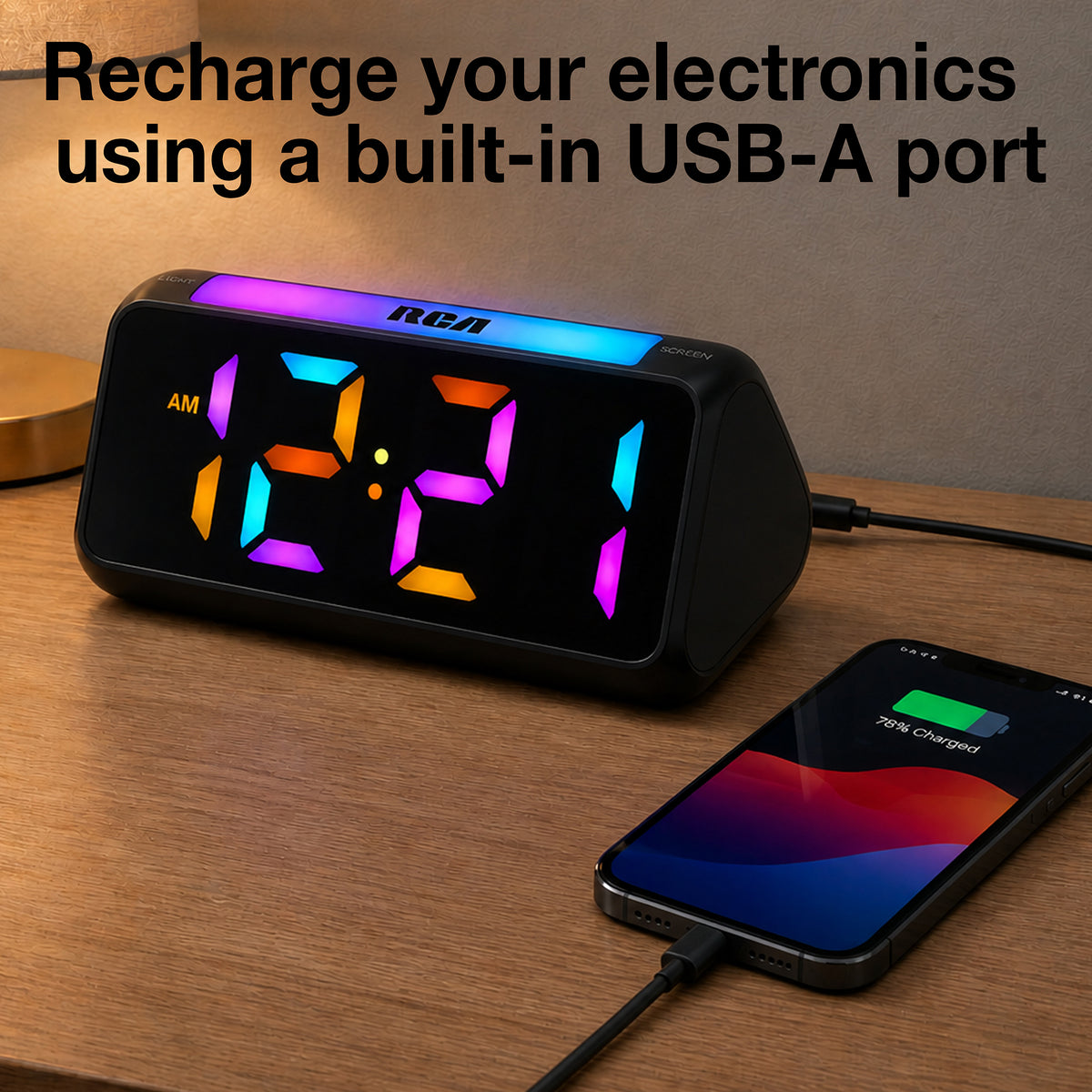 RCA Color Changing Digital Alarm Clock – 2" LED Display, Dual Alarm, USB Charging, Adjustable Brightness
