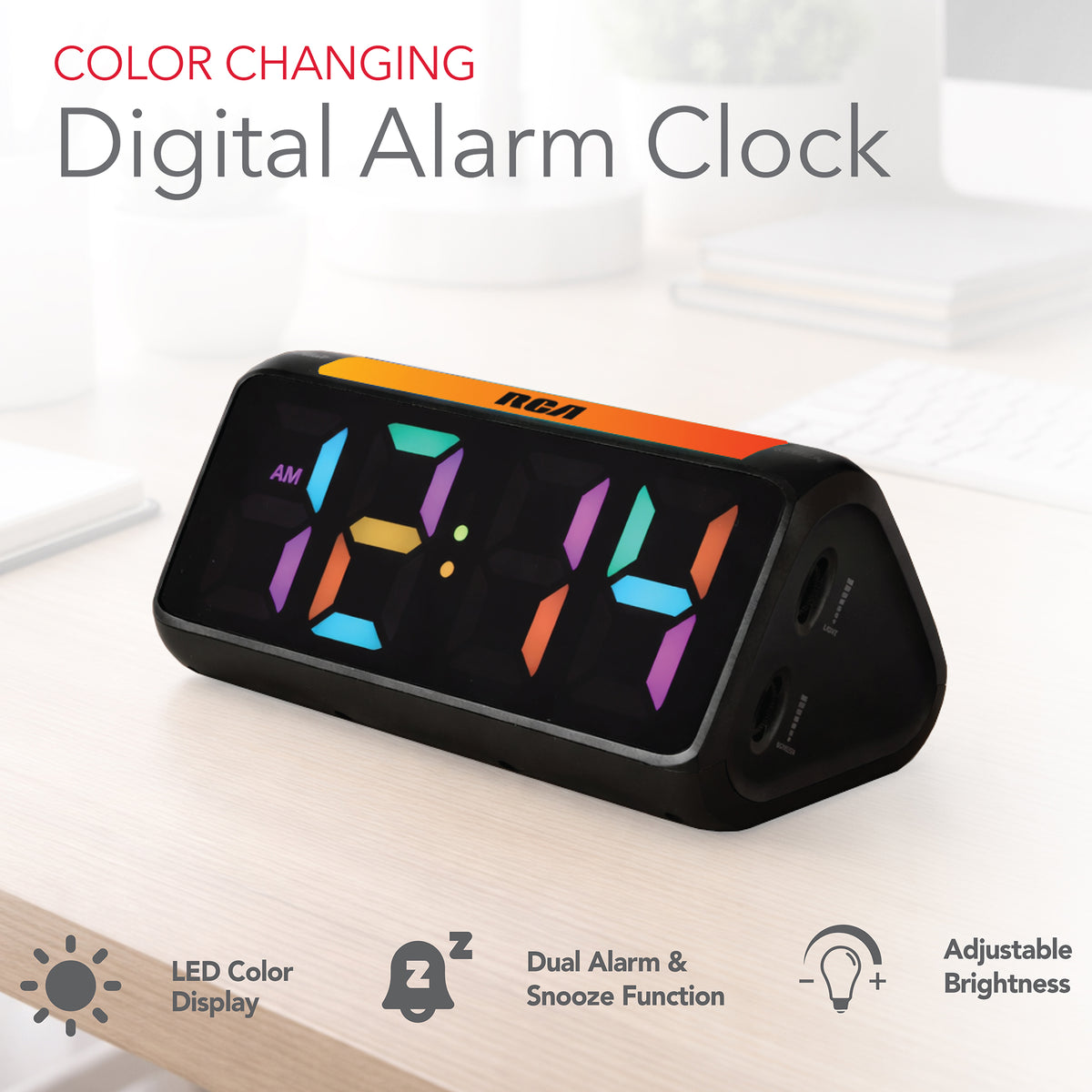 RCA Color Changing Digital Alarm Clock – 2" LED Display, Dual Alarm, USB Charging, Adjustable Brightness