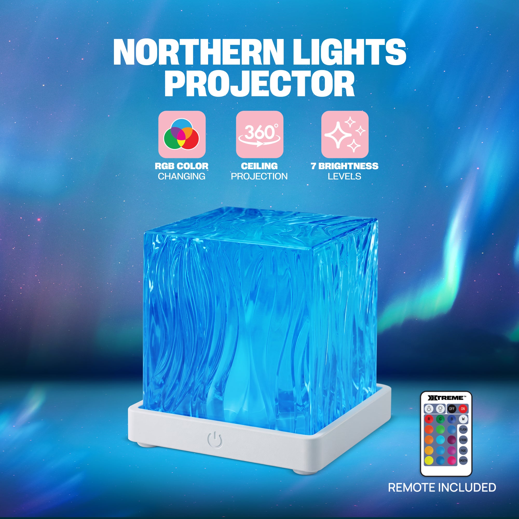 Xtreme Lit Northern Lights Cube Projector with Remote – 16 RGB Colors & 360-Degree Ambient Ceiling Projection