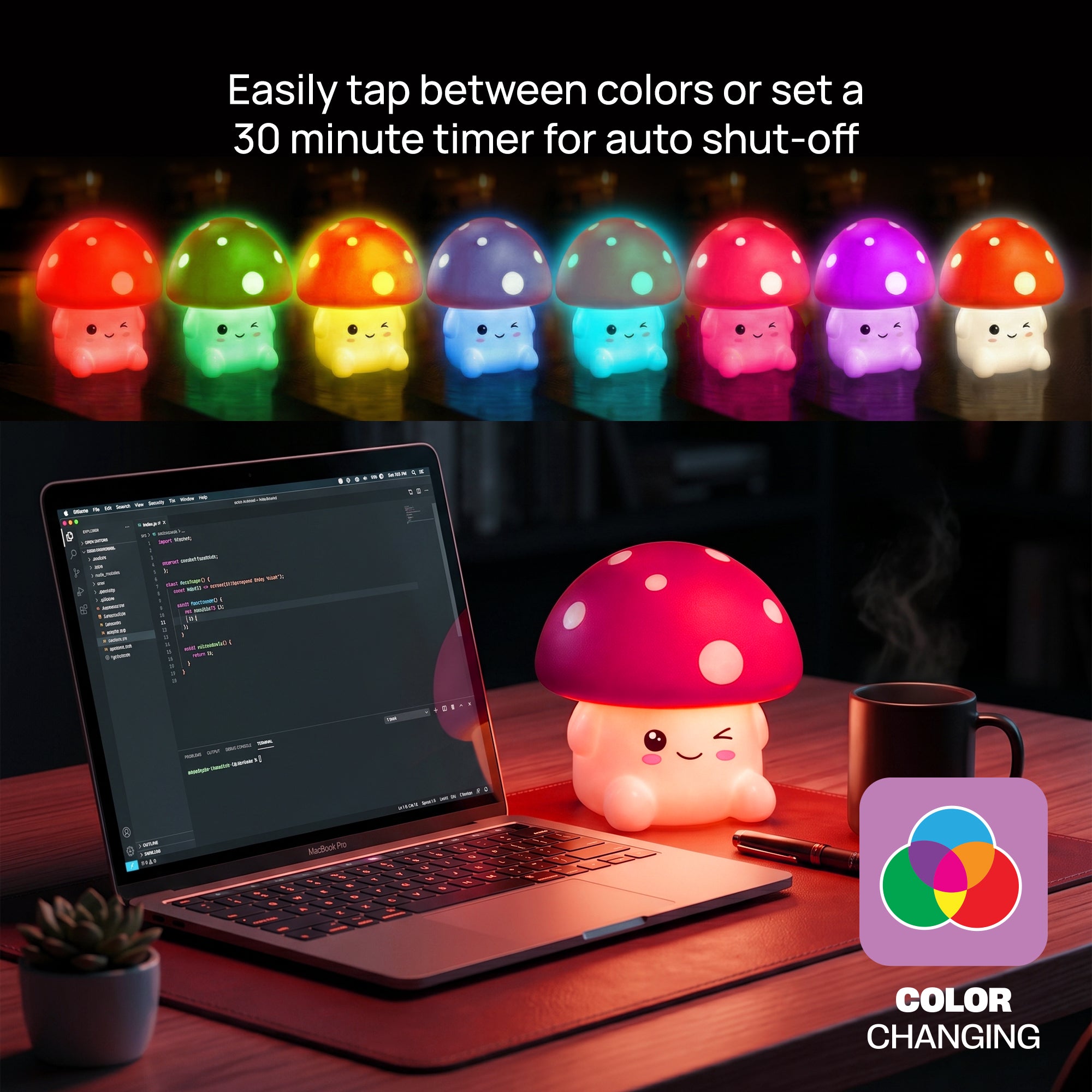 Xtreme Lit Soft Touch Mushroom LED Night Light – Tap Control RGB Color Changing Lamp with Sleep Timer