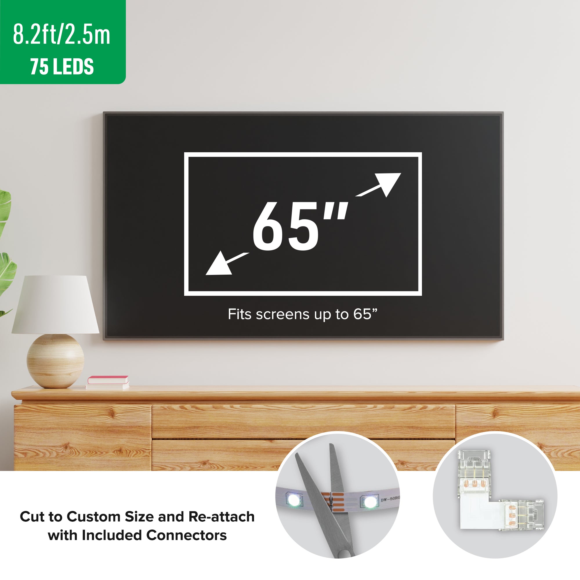 Color & Sound Reactive LED TV Backlight, 8.2ft Color Flow LED Light Strip with Screen Sync Camera, 75 IC Multicolor LEDs for TVs Up to 65"