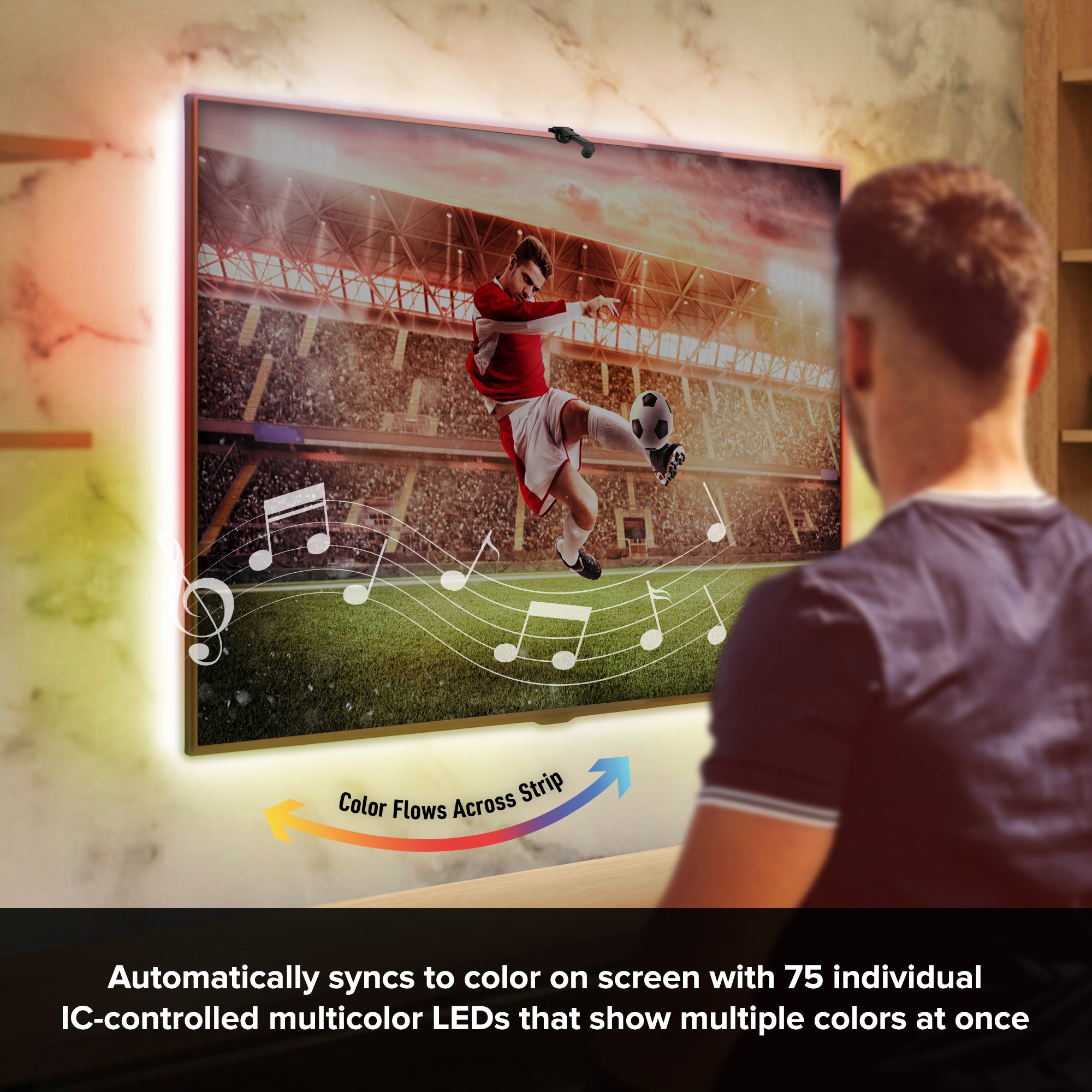 Color & Sound Reactive LED TV Backlight, 8.2ft Color Flow LED Light Strip with Screen Sync Camera, 75 IC Multicolor LEDs for TVs Up to 65"
