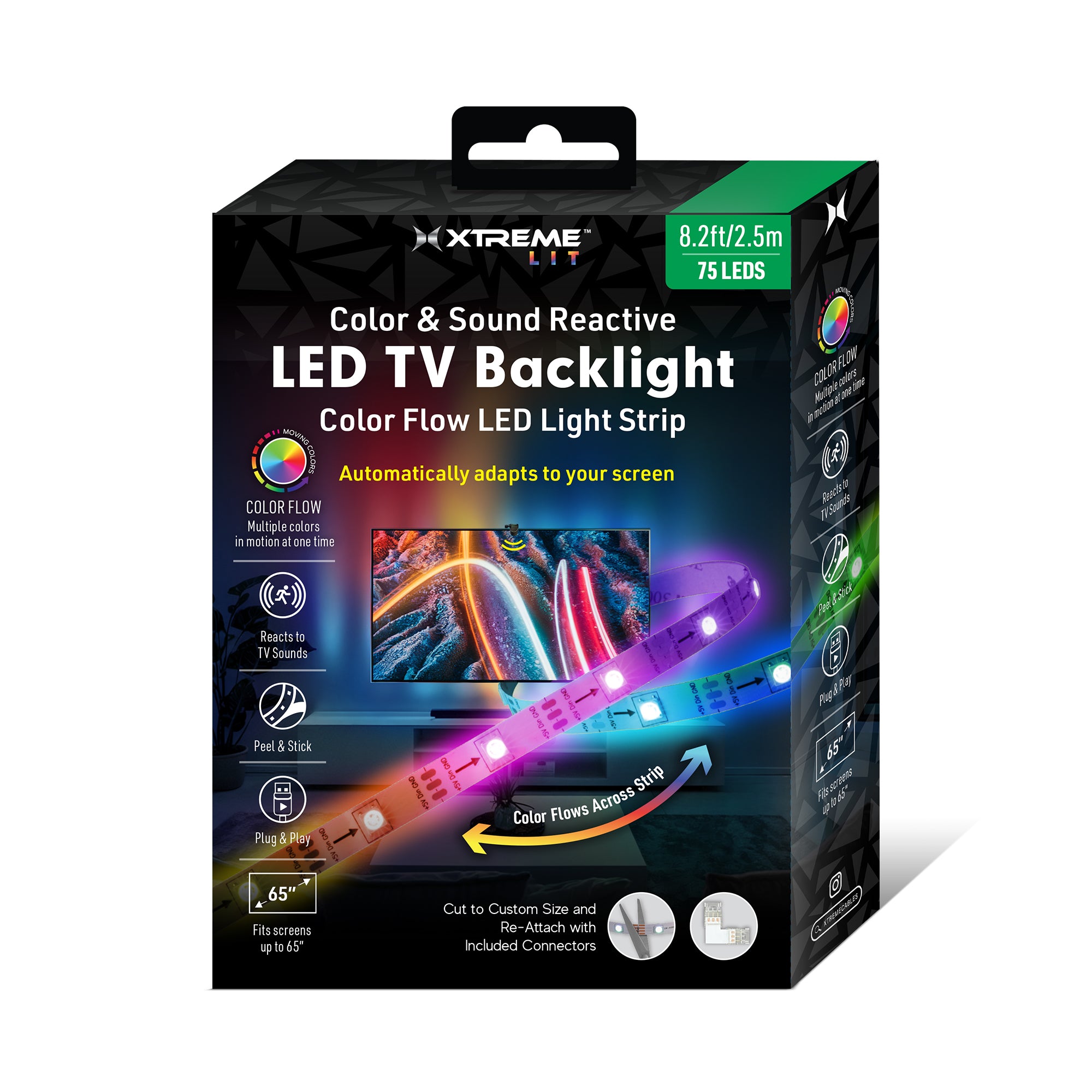 Color & Sound Reactive LED TV Backlight, 8.2ft Color Flow LED Light Strip with Screen Sync Camera, 75 IC Multicolor LEDs for TVs Up to 65"