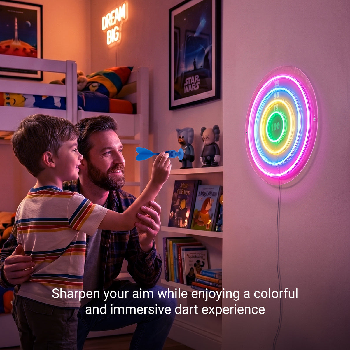13.5 in. Neon LED Dart Board with 6 Suction Darts, Colorful Light-Up Target for Indoor Games
